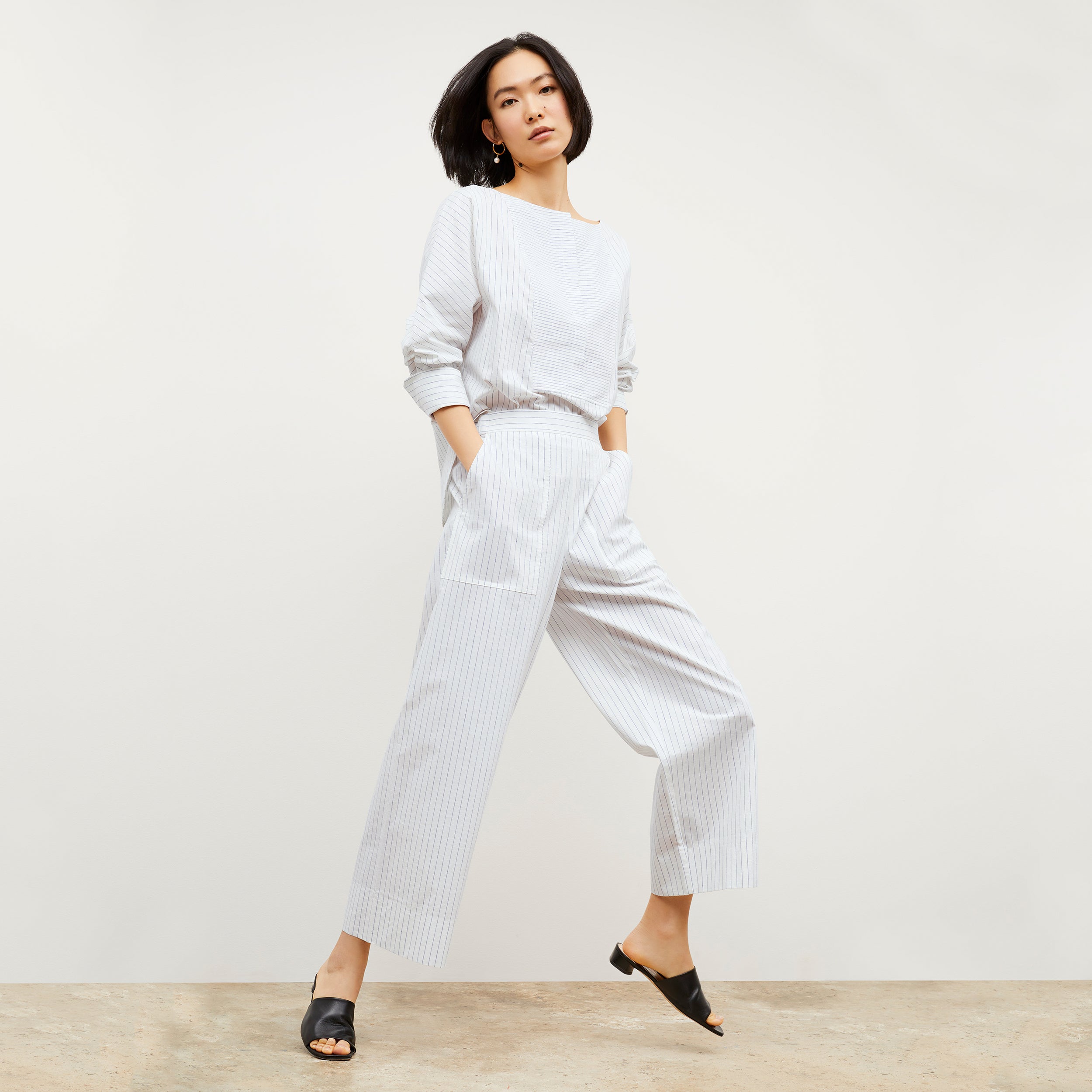 Madelyn Poplin Stripe Pants for Women - Blue & Ivory Casual Summer Trousers - Perfect for Office Wear, Weekend Outings & Beach Vacations