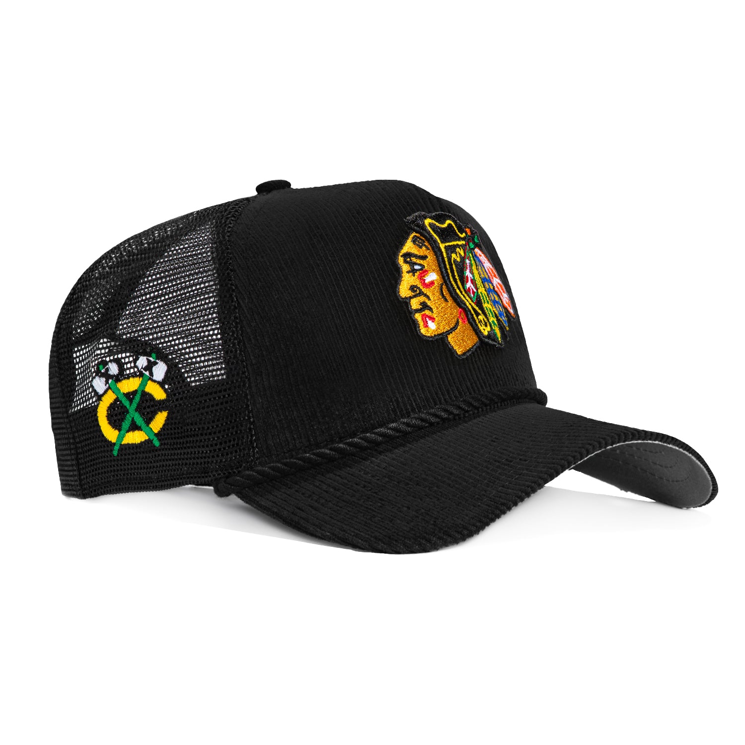 New Era 9Forty A-Frame Corduroy Rope Chicago Blackhawks Logo Patch Snapback Trucker Hat - Black | Official NHL Licensed Cap for Men & Women | Perfect for Sports Fans, Game Day & Streetwear Fashion