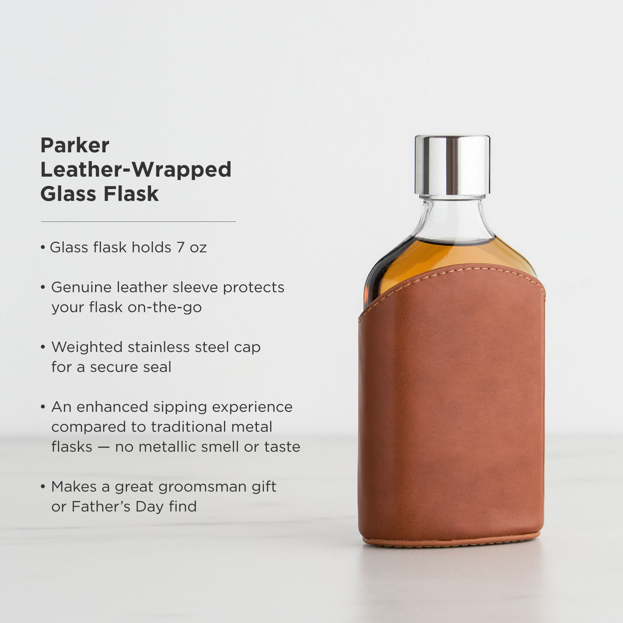 Premium Parker Leather Wrapped Glass Flask - Elegant Stainless Steel Liquor Bottle for Whiskey, Bourbon & Scotch - Perfect for Outdoor Adventures, Camping & Gifts
