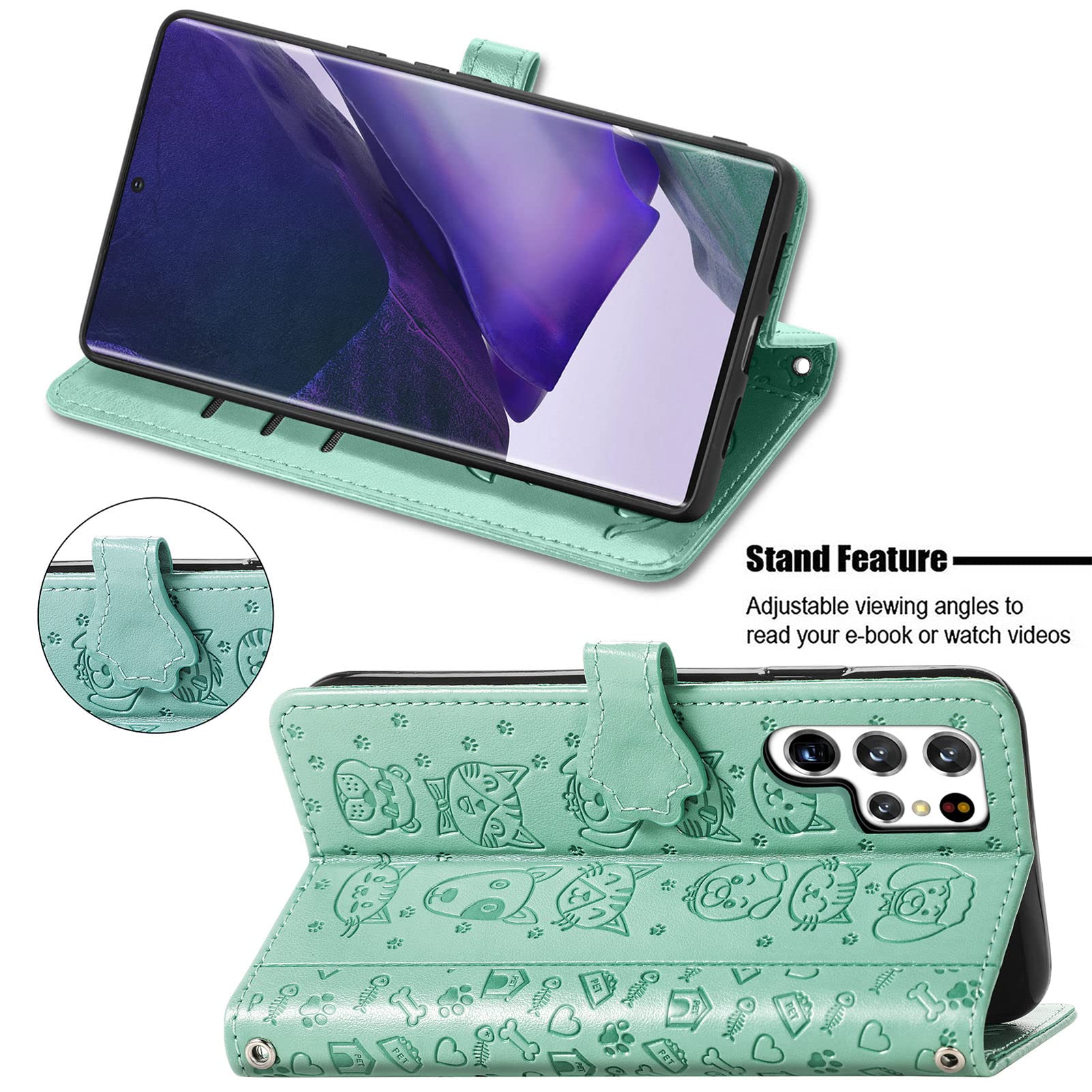 Cute Cartoon Wallet Case for Samsung Galaxy S22 Ultra - Cat & Dog Design Flip Cover with ID Card Holder, PU Leather Protective Phone Case (MG Green) | Perfect for Daily Use, Travel & Hands-Free Convenience