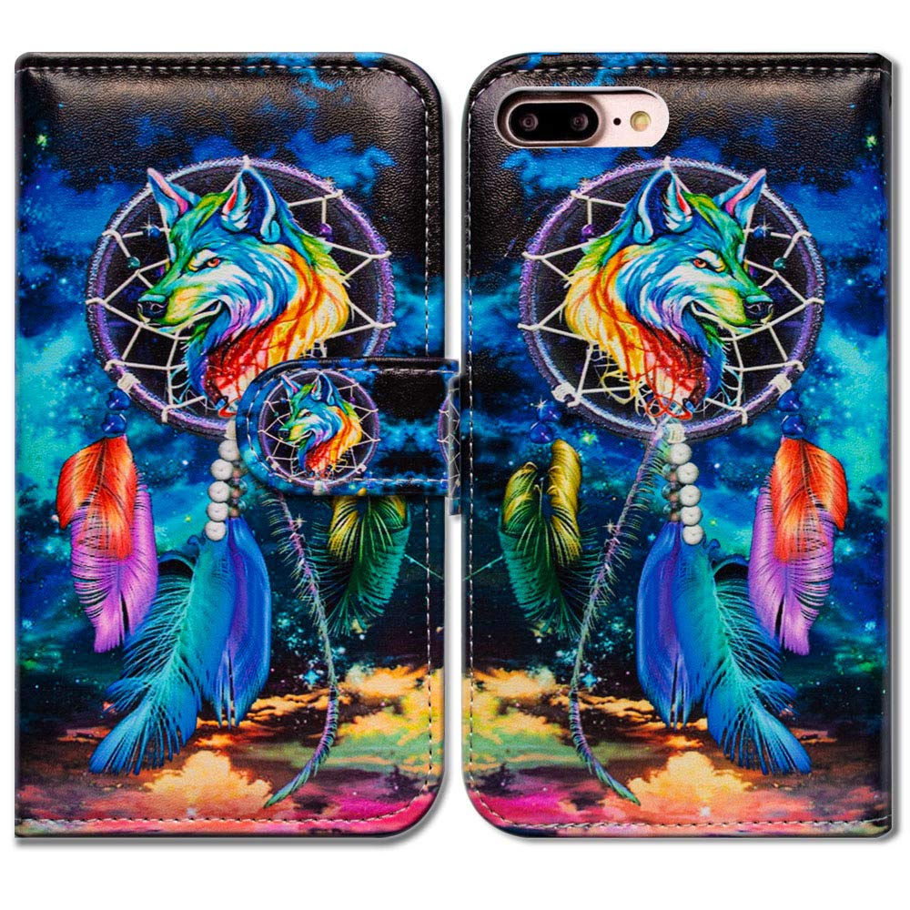Dream Catcher Wolf Sky Leather Wallet Case for iPhone 8 Plus/7 Plus - Slim Protective Cover with Card Slots | Perfect for Outdoor Adventures & Daily Use