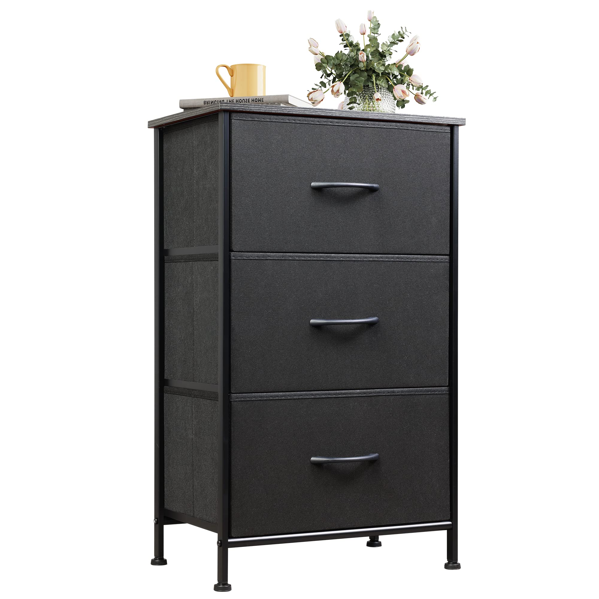 WLIVE 3-Drawer Fabric Dresser with Wood Top & Steel Frame - Sturdy Storage Organizer for Bedroom, Hallway, Closet - Easy Pull Handles, Charcoal Black - Perfect for Small Spaces & Apartment Living