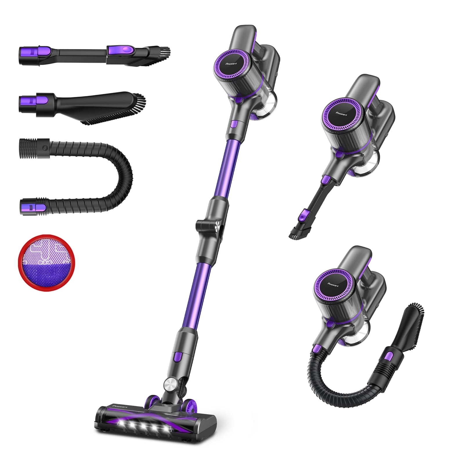 POWEART 8-in-1 Cordless Stick Vacuum Cleaner - 2600mAh Rechargeable, Lightweight Purple Vacuum for Hardwood Floors & Pet Hair | Perfect for Home, Car & Stairs Cleaning
