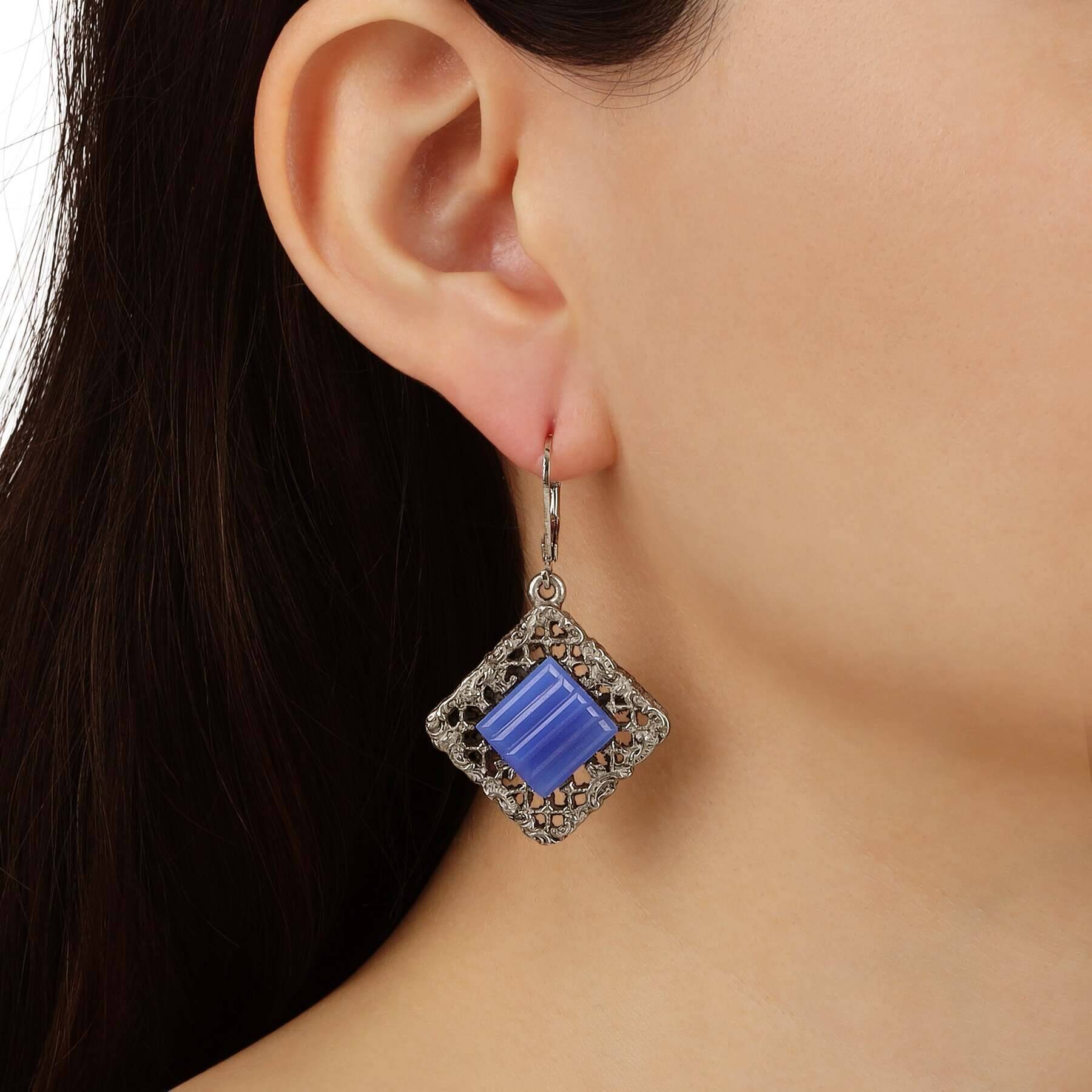 1928 Jewelry Belladonna Vintage Textured Ridged Glass Stone Filigree Drop Earrings - Elegant Dangle Earrings for Women, Perfect for Weddings, Parties and Evening Events