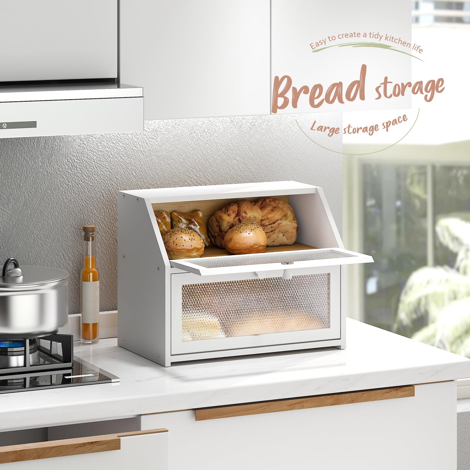Farmhouse Style Extra Large Double Layer Bread Storage Box with Diamond Pattern Windows - White Countertop Bread Bin for Kitchen, Pantry, and Dining Room Organization - Perfect for Sliced Bread, Buns, and Baked Goods