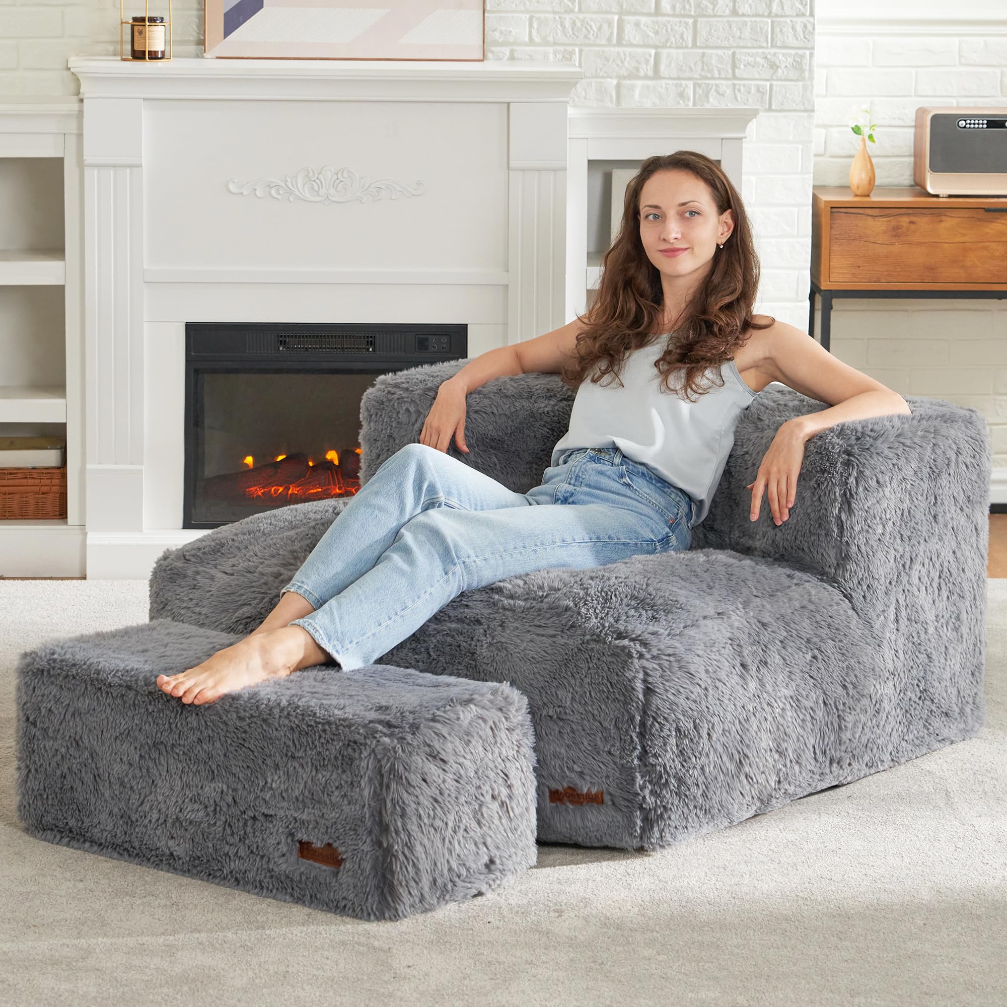 Large Plush Bean Bag Chair with Ottoman for Adults - Extra Big Foam Lazy Sofa Chair & Footstool Set for Living Room, Bedroom, Apartment (Grey) | Perfect for Relaxing, Lounging, Gaming & Movie Nights