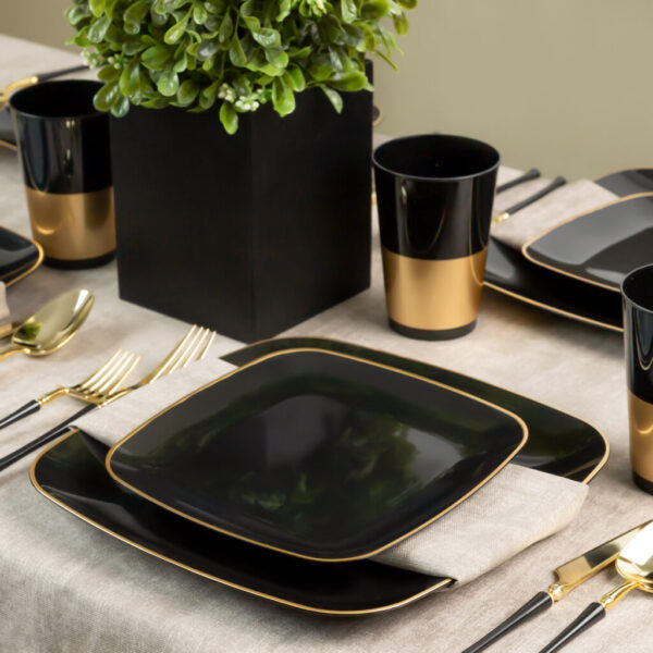 Black and Gold Rim Square Plastic Plates 10 Pack - Eco-Friendly Disposable Dinnerware for Parties, Picnics & Events | BPA-Free, Durable & Stylish Tableware