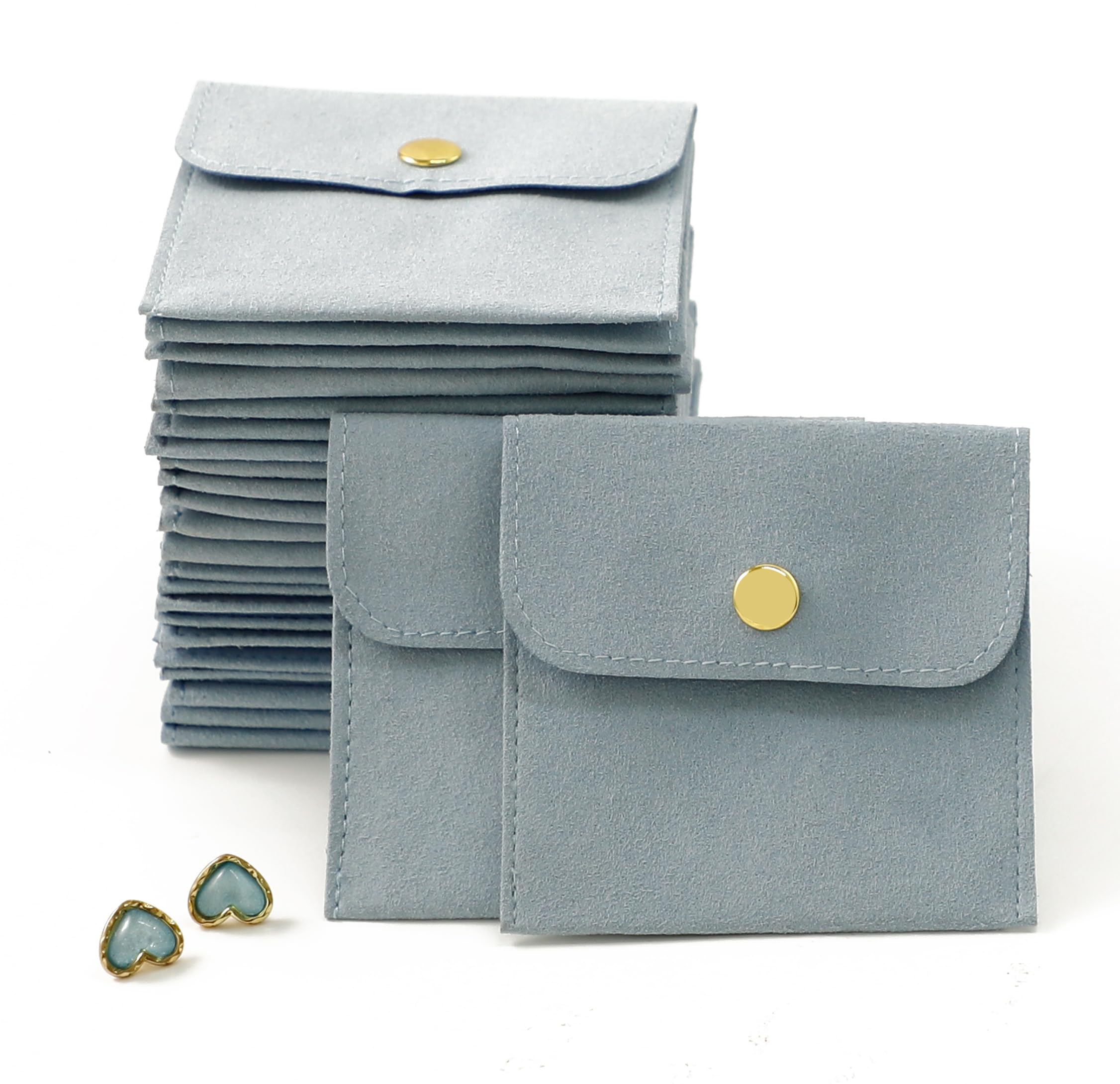 40-Piece Blue Microfiber Jewelry Pouches with Button Closure (8x8cm) - Luxury Small Gift Bags for Earrings, Necklaces, Bracelets & Rings - Perfect for Jewelry Packaging, Wedding Favors & Retail Displays