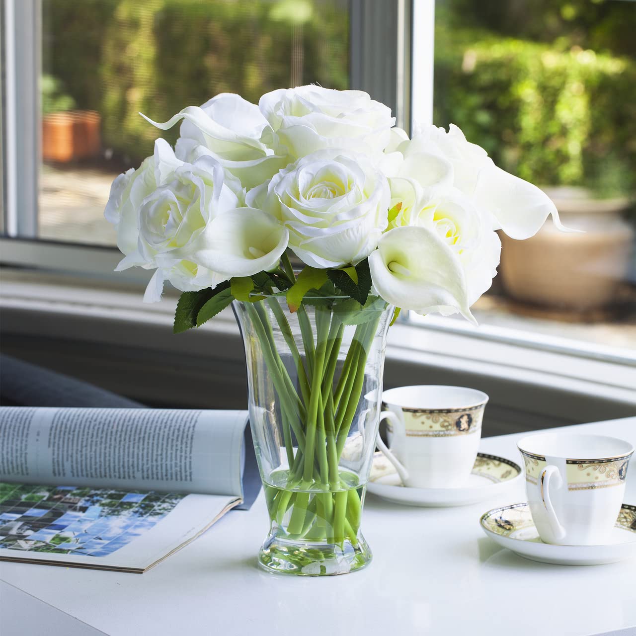 ENOVA FLORAL 7 Large Stems White Artificial Roses - Realistic Fake Flowers for Wedding Centerpieces, Home Decor, Party Arrangements & Tabletop Displays (White)