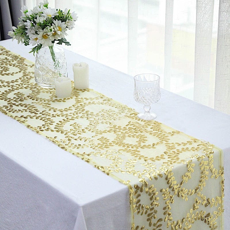 12x108 Inch Embroidered Tulle Table Runner with Leaves Vines and Sequins - Elegant Wedding Reception Decor, Party Table Cover, Dining Room Centerpiece