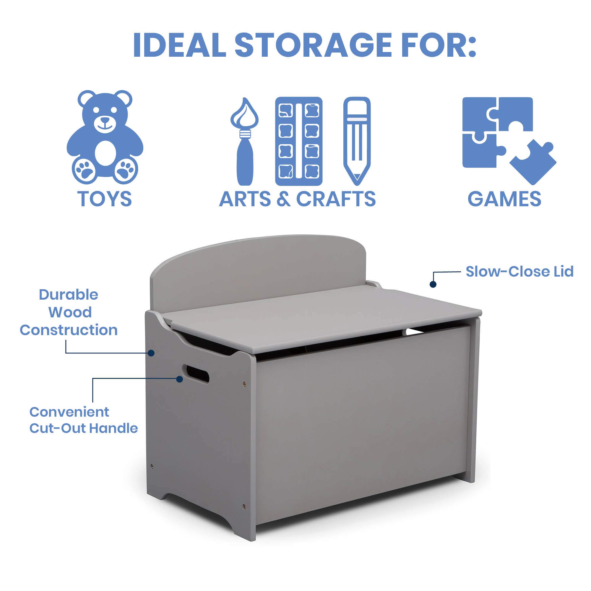 Delta Children MySize Deluxe Toy Storage Box with Lid - Grey | Kids Room Organization & Nursery Decor | Perfect for Storing Toys, Books & Blankets