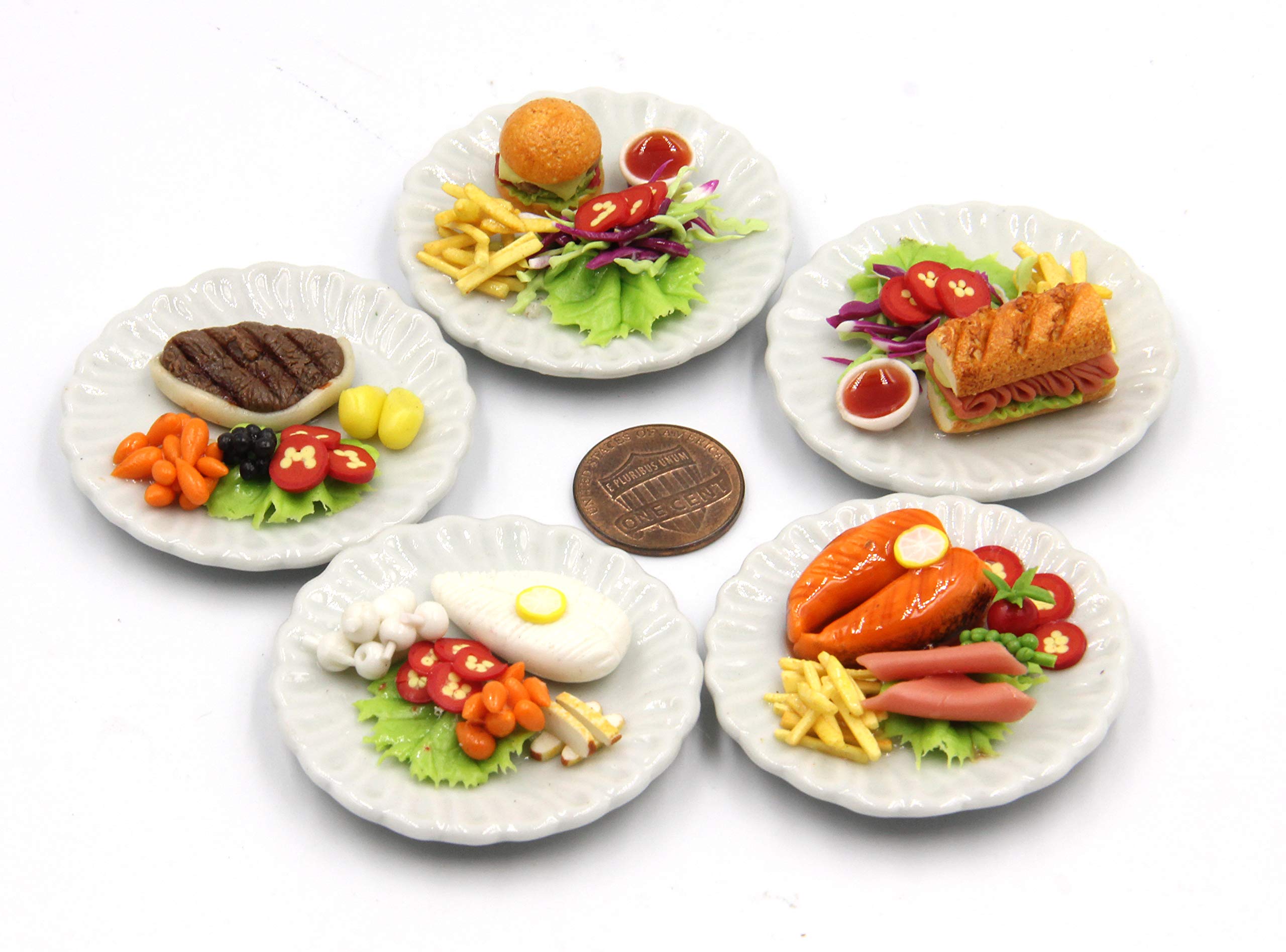 5-Piece Assorted Dollhouse Miniature Food Set - Tiny Collectible Mini Foods Including Berger Breakfast & Beefsteak Salmon Steak - Perfect for Dollhouse Decor, Miniature Displays & Collectors
