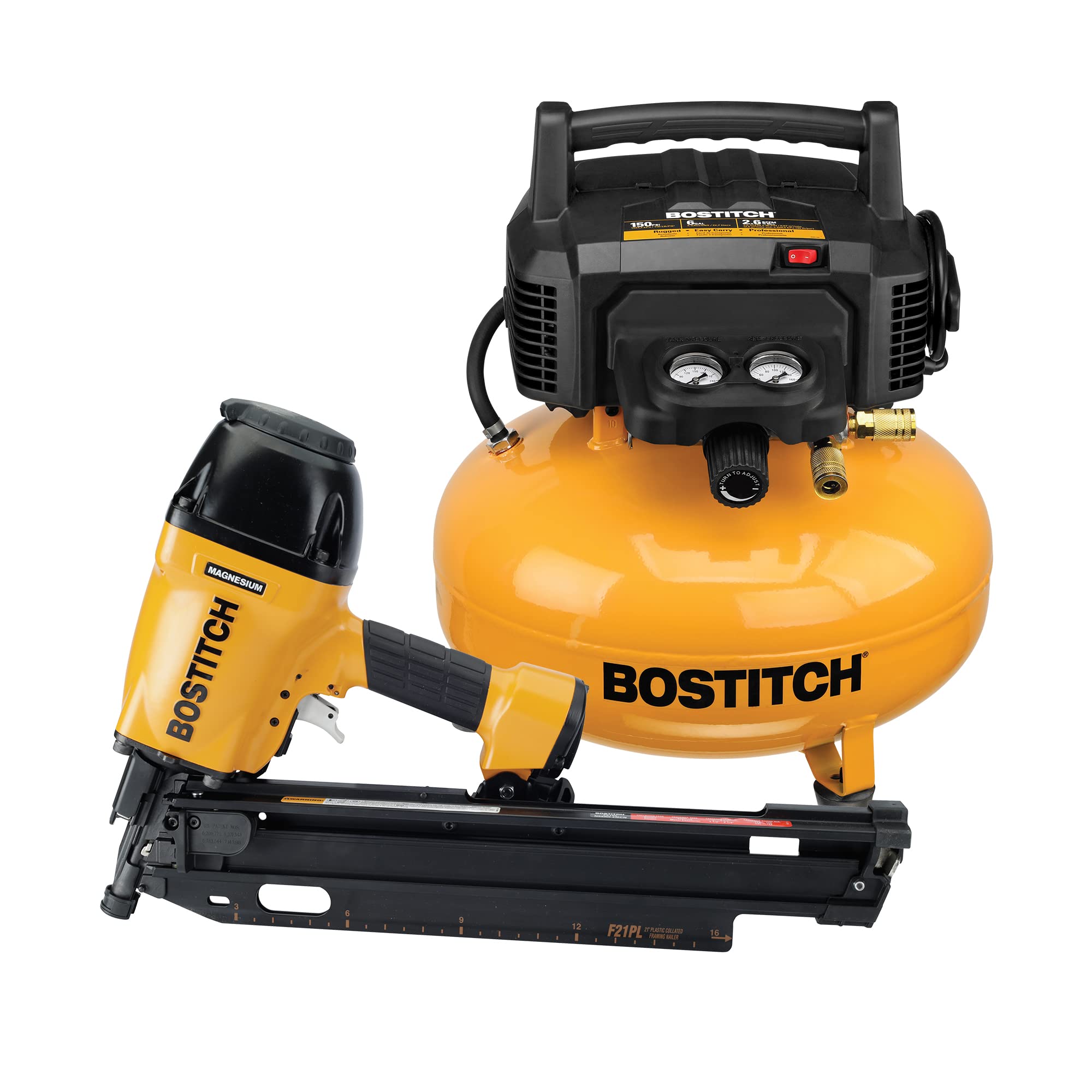 BOSTITCH BTFP1KIT21PL 21 Degree Pneumatic Framing Nailer Kit with Air Compressor & Hose - Professional Corded Nail Gun for Wood Framing, Roofing, Deck Building & Construction Projects