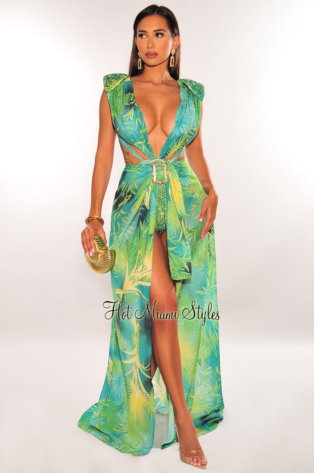 Tropical Print Plunge Studded Maxi Skirt Two Piece Set - Green Floral Summer Outfit for Beach Vacation, Music Festival & Boho Chic Fashion
