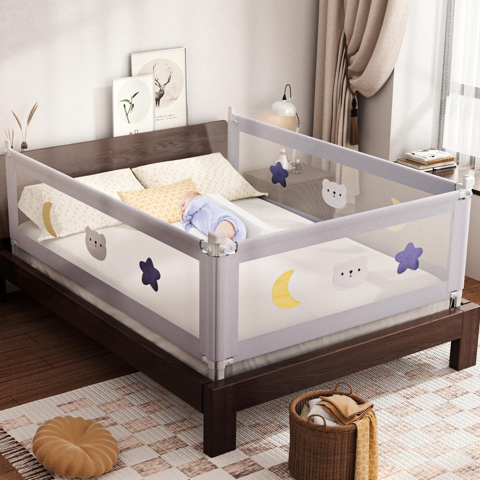 OMZER 3-Pack Toddler Bed Rails with Double Child Lock - Adjustable Height Baby Bed Guardrail for King Size Beds (78.7x78.7x74.8 inches) - Safe Kids Bedside Rail with Pattern Design | Perfect for Toddler Transition, Infant Safety & Preventing Falls