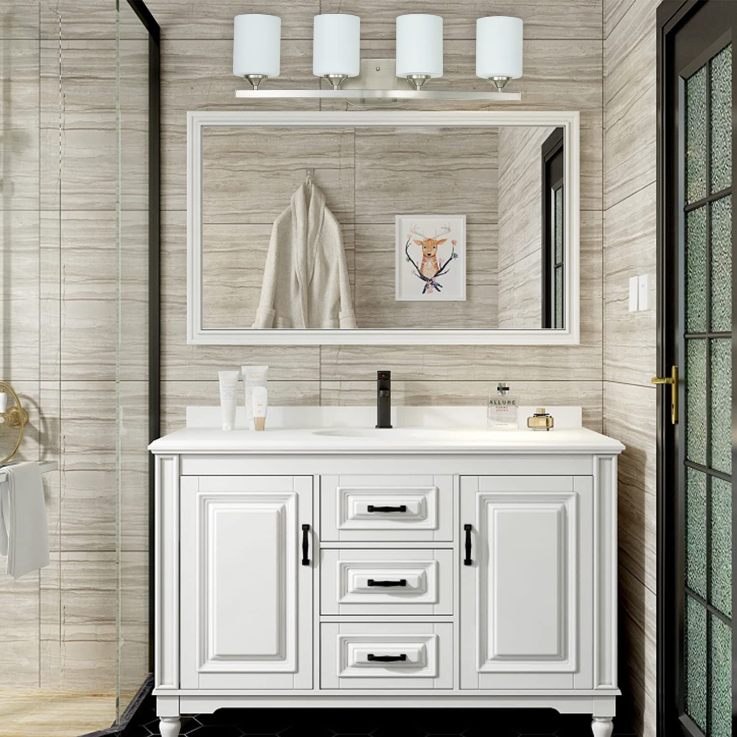 4-Light Brushed Nickel Vanity Fixture with White Glass Shades - UL Listed Bathroom Lighting for Mirror & Makeup Area