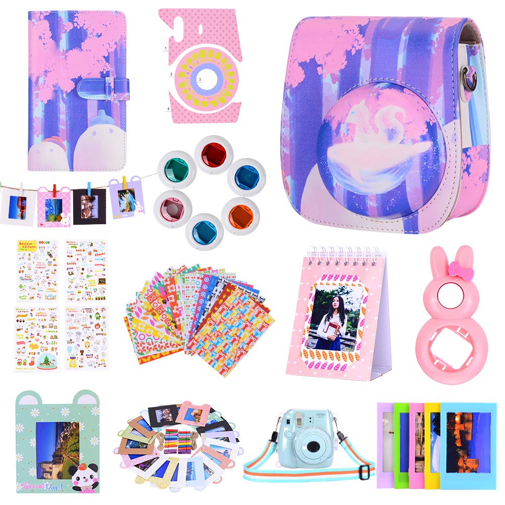Bsuuy 12-in-1 FujiFilm Instax Mini 9/8/8+ Camera Accessories Kit - Includes Mini 9 Case, Photo Album, Selfie Lens, Filters, Wall Frames & Shoulder Strap (Fantasy Mountain Forest Design) - Perfect for Travel, Parties, Weddings & Home Decor