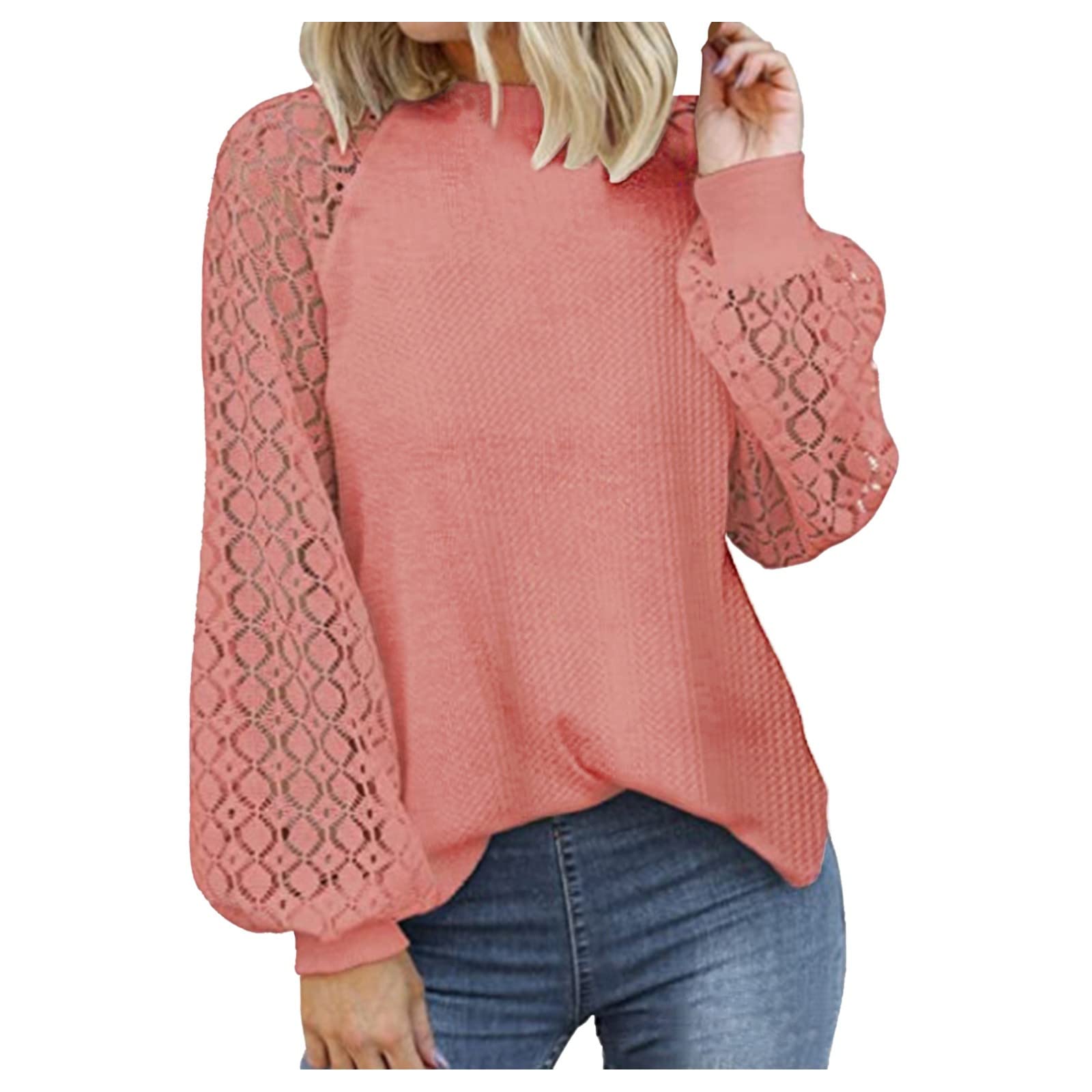 Women's Long Sleeve Cotton Shirt - Round Neck Solid Color Loose Fit Lace Trim Winter Top for Casual Wear & Office Outfits