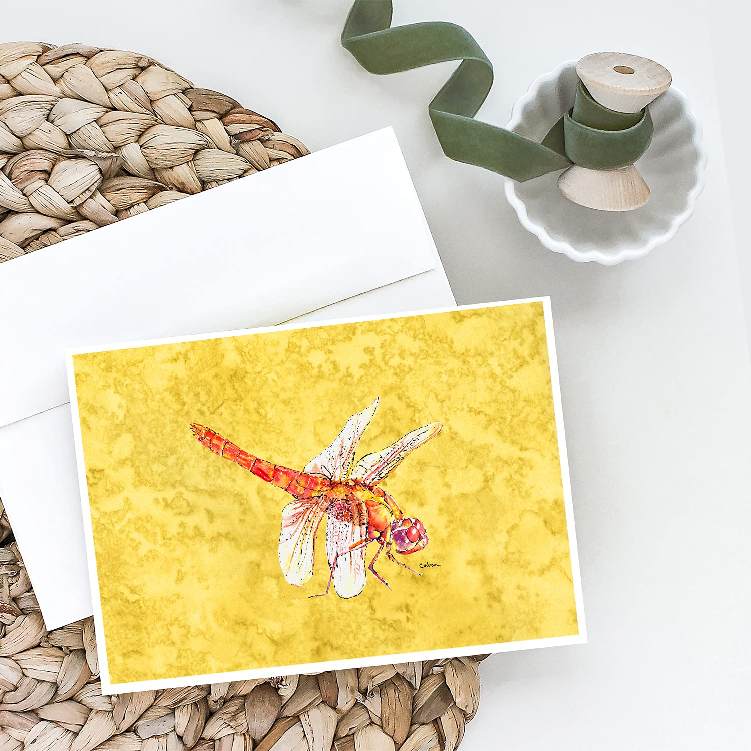 Caroline's Treasures 8866GCA7P Whimsical Dragonfly on Yellow Blank Greeting Cards & Envelopes - Pack of 8 A7 Size 5x7 Note Cards for Birthday, Thank You, Wedding & Special Occasions