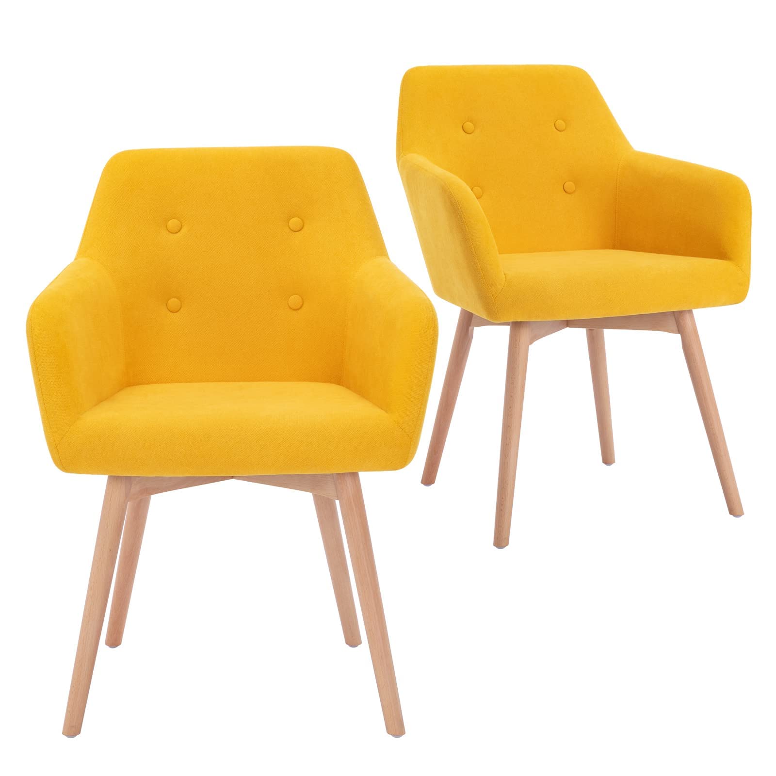 Modern Fabric Accent Arm Chairs for Dining & Living Room - Solid Wood Legs, No Wheels, Set of 2 in Yellow - Perfect for Home Decor, Guest Seating & Lounge Areas