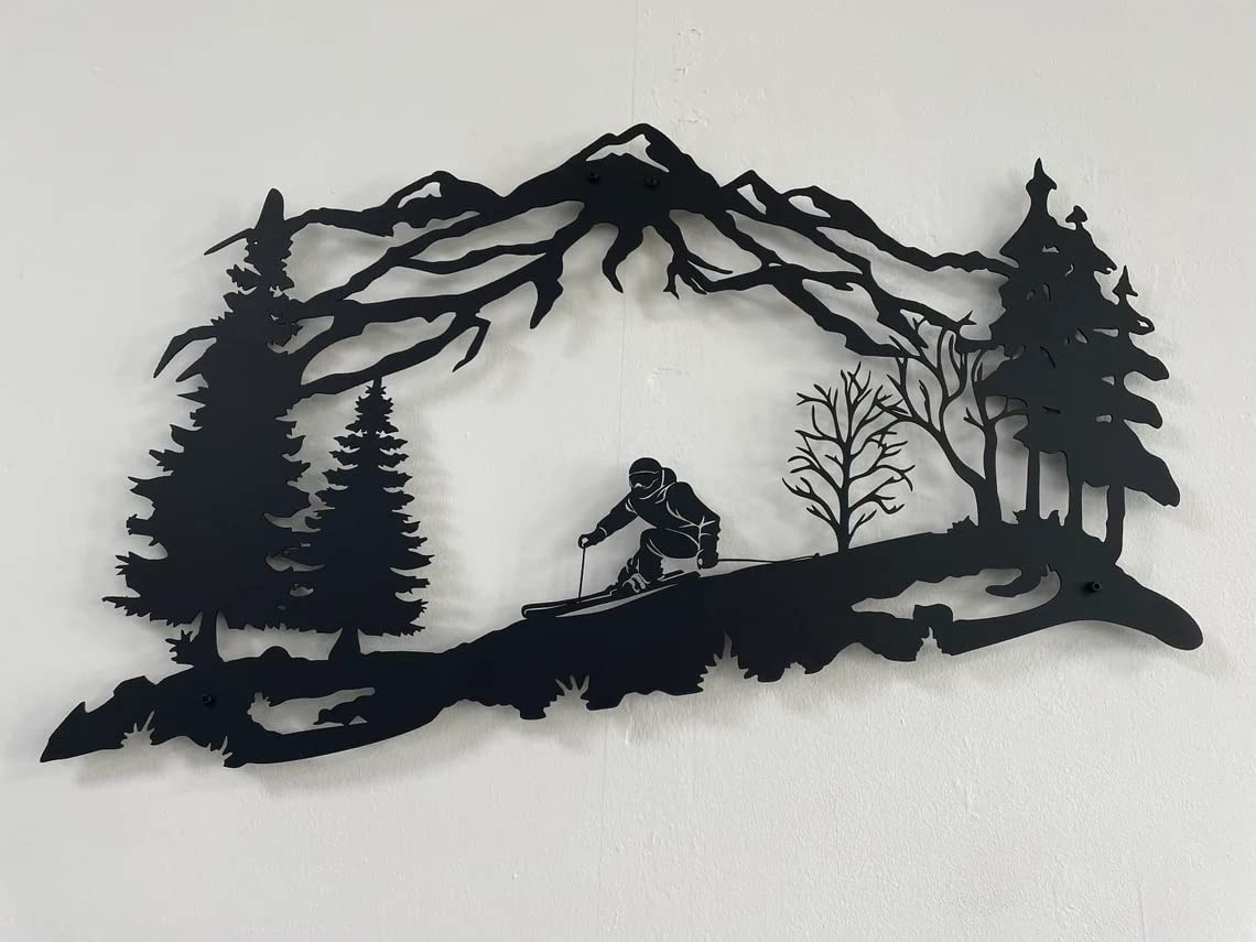 DEKADRON Metal Skier Wall Art - Mountain & Trees Themed Metal Wall Decor - Perfect Ski Lover Gift for Home & Cabin Decoration - 39