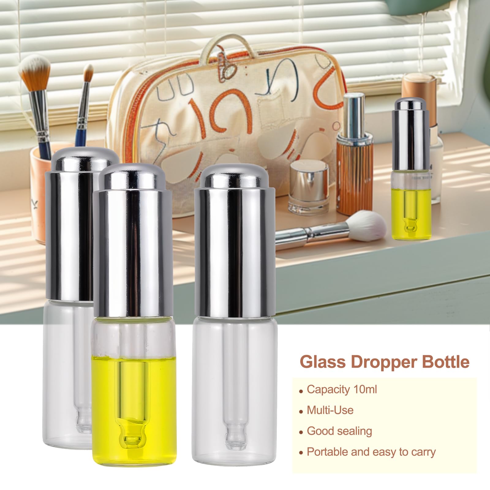 Ellbest 8Pcs 10ml Clear Press Dropper Bottles with Silver Cap - Empty Refillable Essential Oil Vials, Perfume & Cosmetic Containers for DIY, Travel, Aromatherapy & Beauty Storage