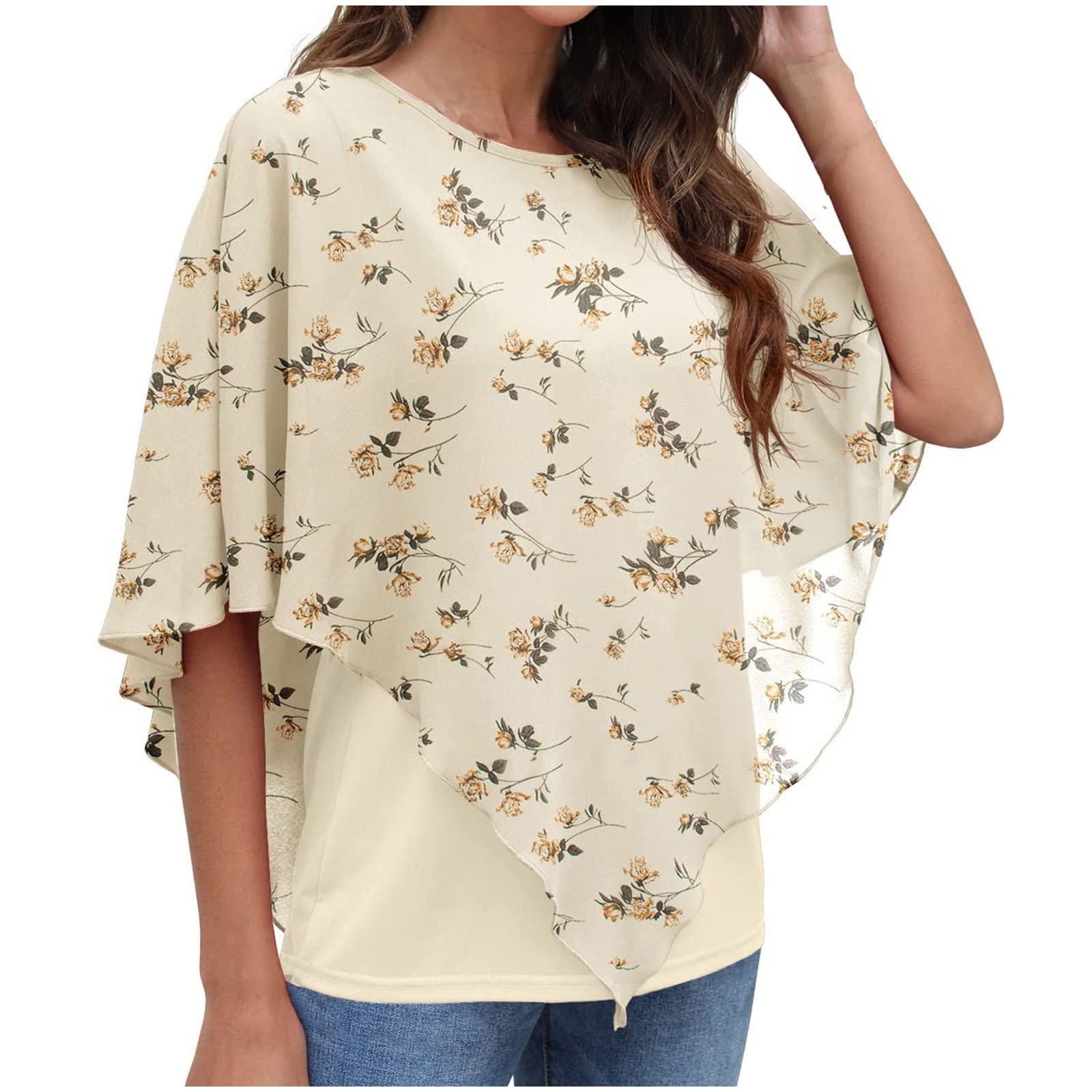 Luciava Women's Printed Tank Top with Chiffon Short Sleeve & Flowing Shawl - Double Layer Tunic Blouse - Trendy Comfortable Summer Top for Casual Wear, Beach Outfits, and Office Attire