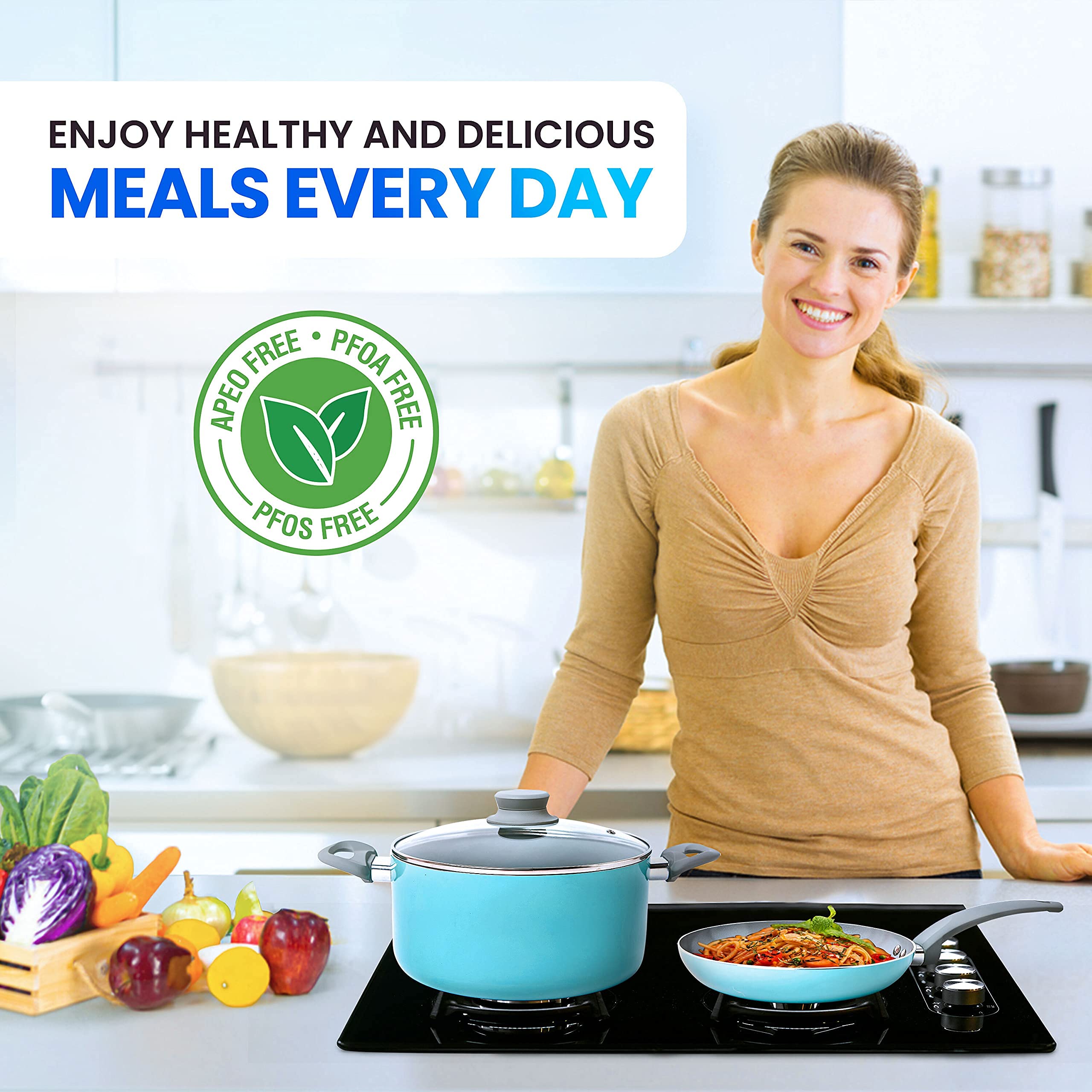 Mueller 16-Piece Non-Stick Stone Cookware Set with Steamer & Glass Lids - Turquoise | Durable Kitchen Pots & Pans for Cooking, Frying & Steaming | Perfect for Home Chefs & Family Meals