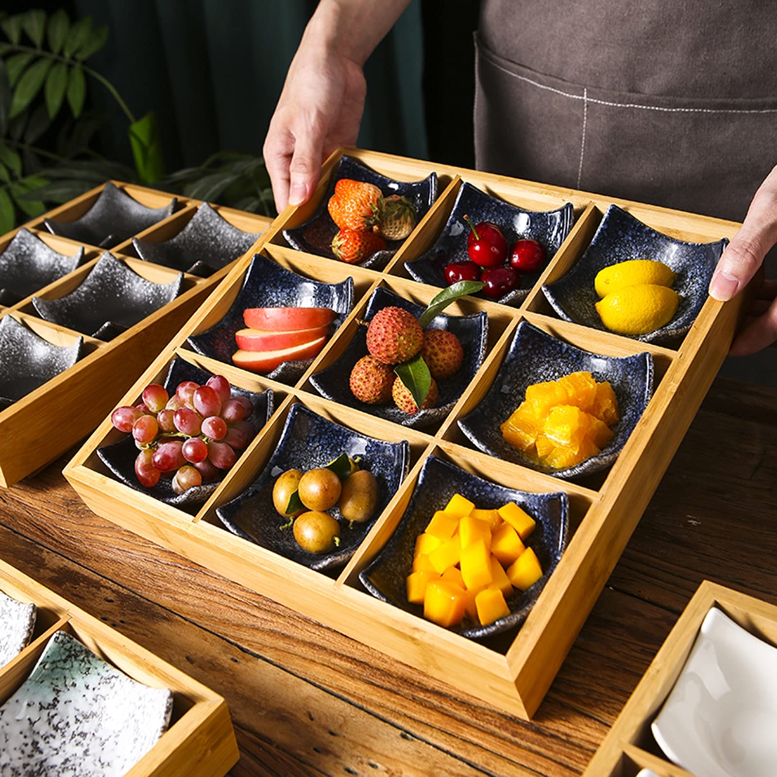 AIZYR Wooden Bamboo Serving Tray with Ceramic Plate - Elegant Food Tray for Snacks, Desserts, Fruits, Appetizers & Condiments - Perfect for Home, Kitchen, Party & Restaurant Use