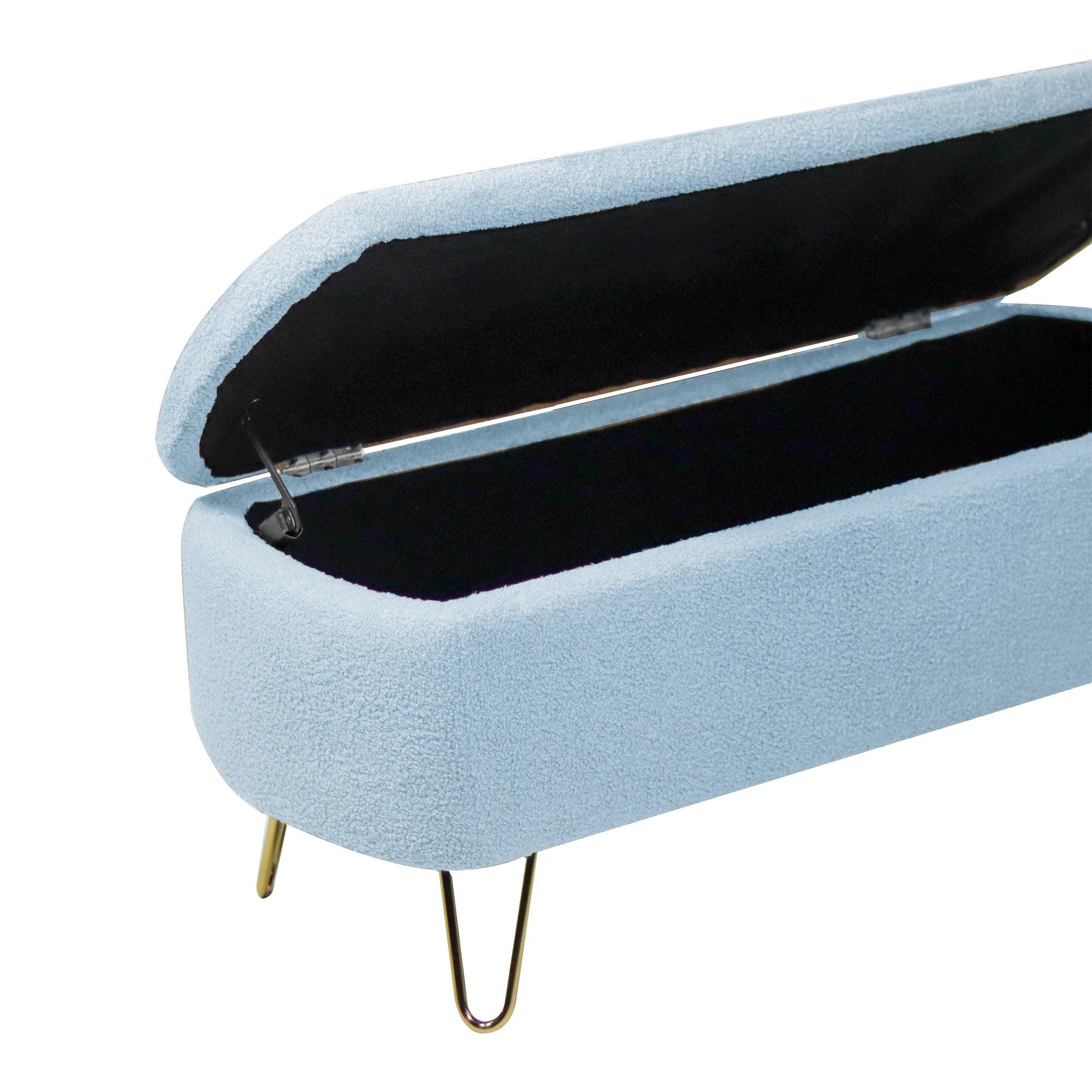 Modern Blue Storage Ottoman Bench with Gold Legs & Grey Faux Fur Upholstery - Padded Seat with Hidden Storage for Bedroom, Living Room & Entryway | Perfect for Extra Seating, Footrest & Home Organization