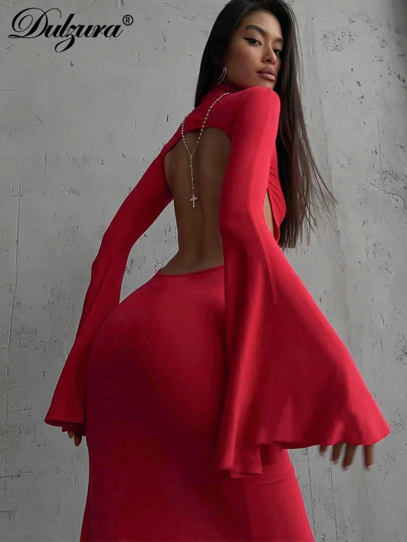 Elegant Backless Women's Solid Half Turtleneck Trumpet Sleeve Maxi Dress for Evening Party | Sexy Fall Formal Gown | Perfect for Cocktail Events, Date Nights & Special Occasions