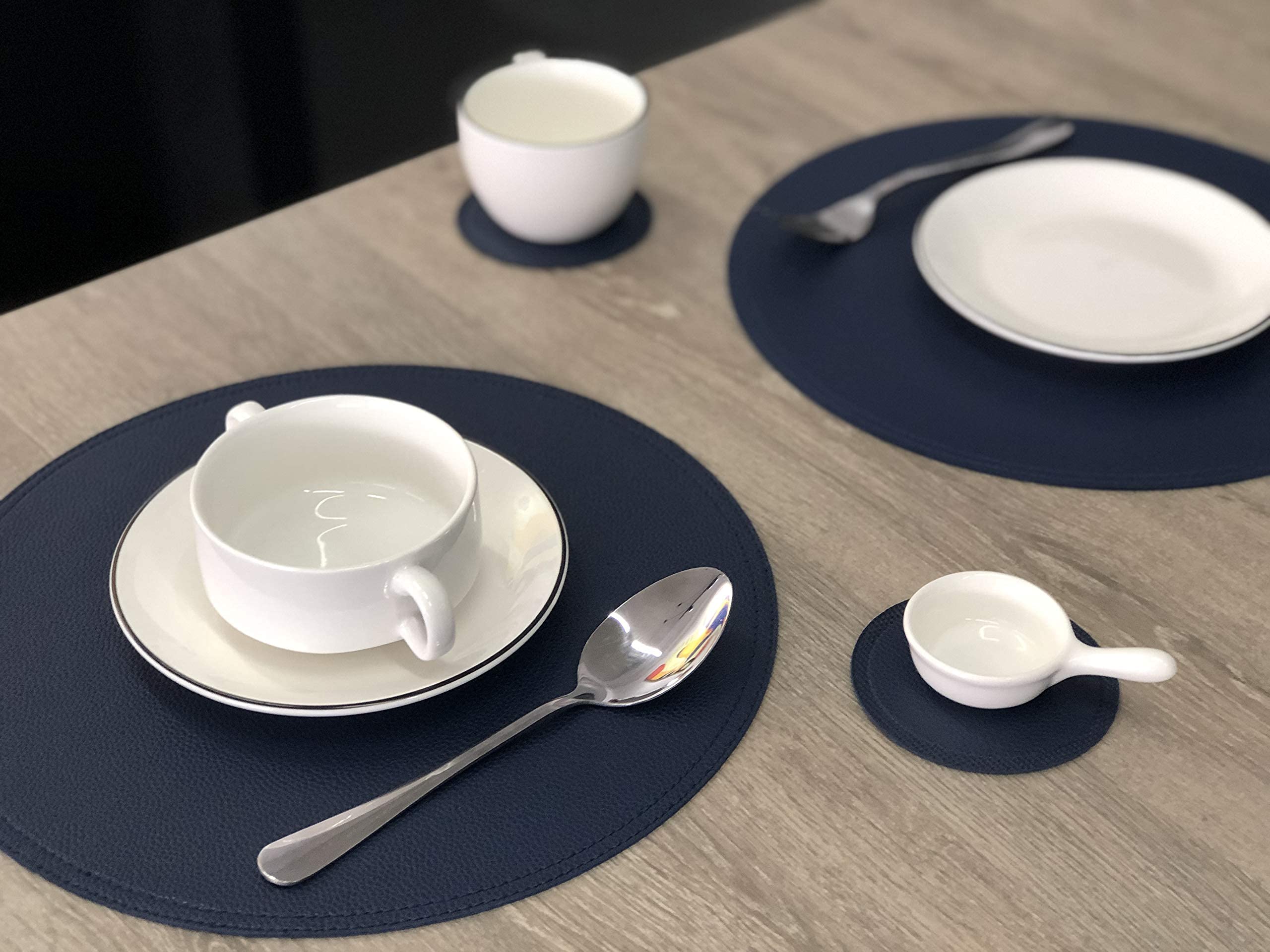 Set of 8 Waterproof Faux Leather Round Placemats and Coasters - Easy Clean Kitchen Table Mats for Dining & Coffee - Perfect for Home, Restaurant, and Office Use