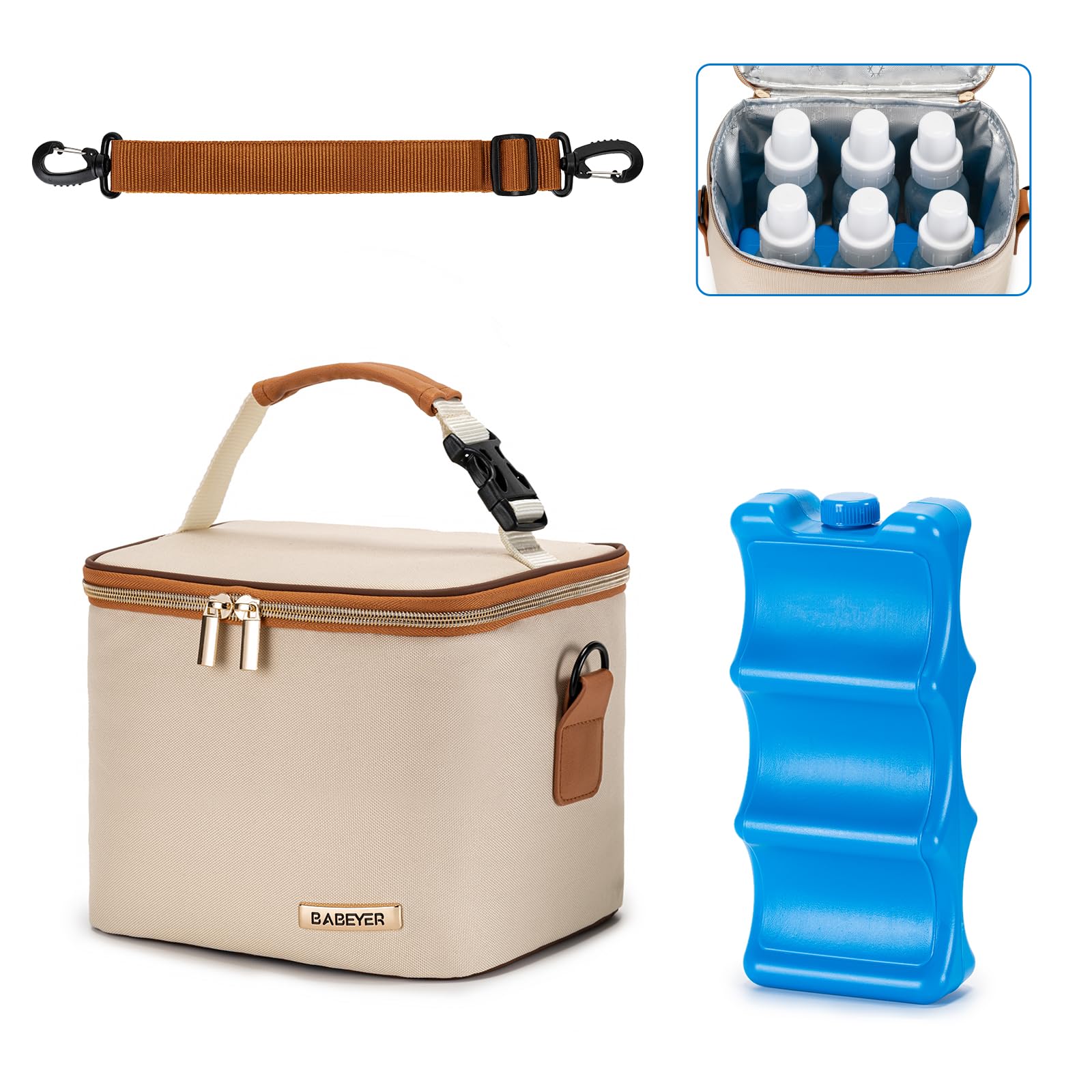 Premium Insulated Breastmilk Cooler Bag with Ice Pack - Holds 6 Baby Bottles (5oz Each) - Convenient Shoulder Strap for Nursing Moms & Daycare - Cream Color - Perfect for Work, Travel & On-the-Go Pumping