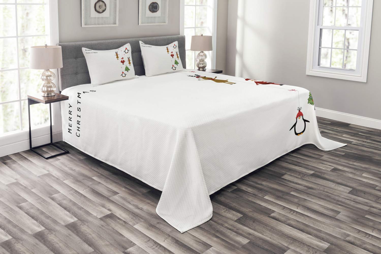 Ambesonne Christmas Bedspread Set - Reindeer Santa Penguins & Xmas Tree Stripes Design, 3-Piece Decorative Bedding Coverlet with 2 Pillow Shams, King Size, Multicolor | Holiday Home Decor for Bedroom & Guest Room