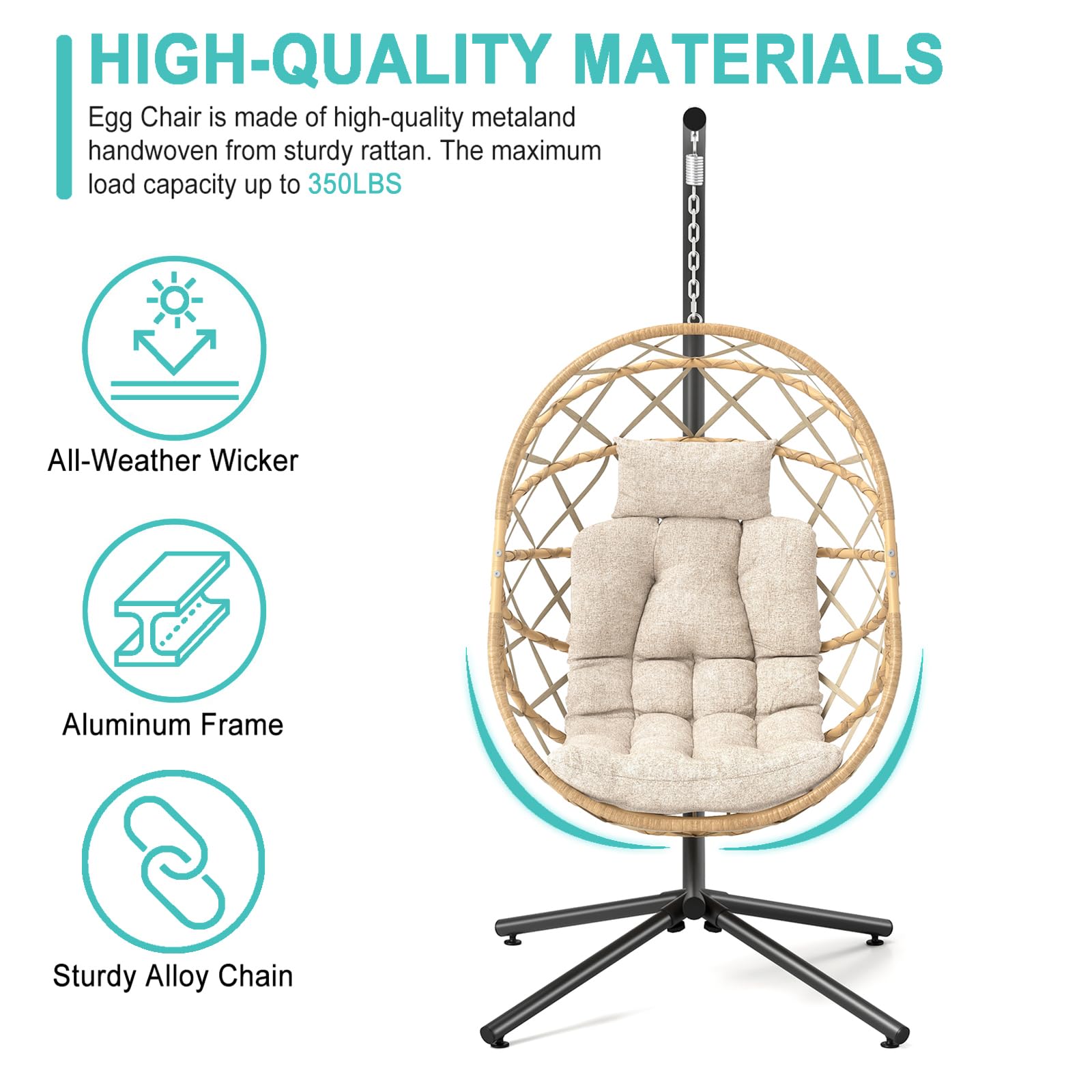 SWITTE Hanging Egg Chair with Stand - Outdoor/Indoor Wicker Swing Chair with Cushion for Patio, Garden, Balcony - Cream White Rattan Egg Chair for Relaxing, Lounging & Reading
