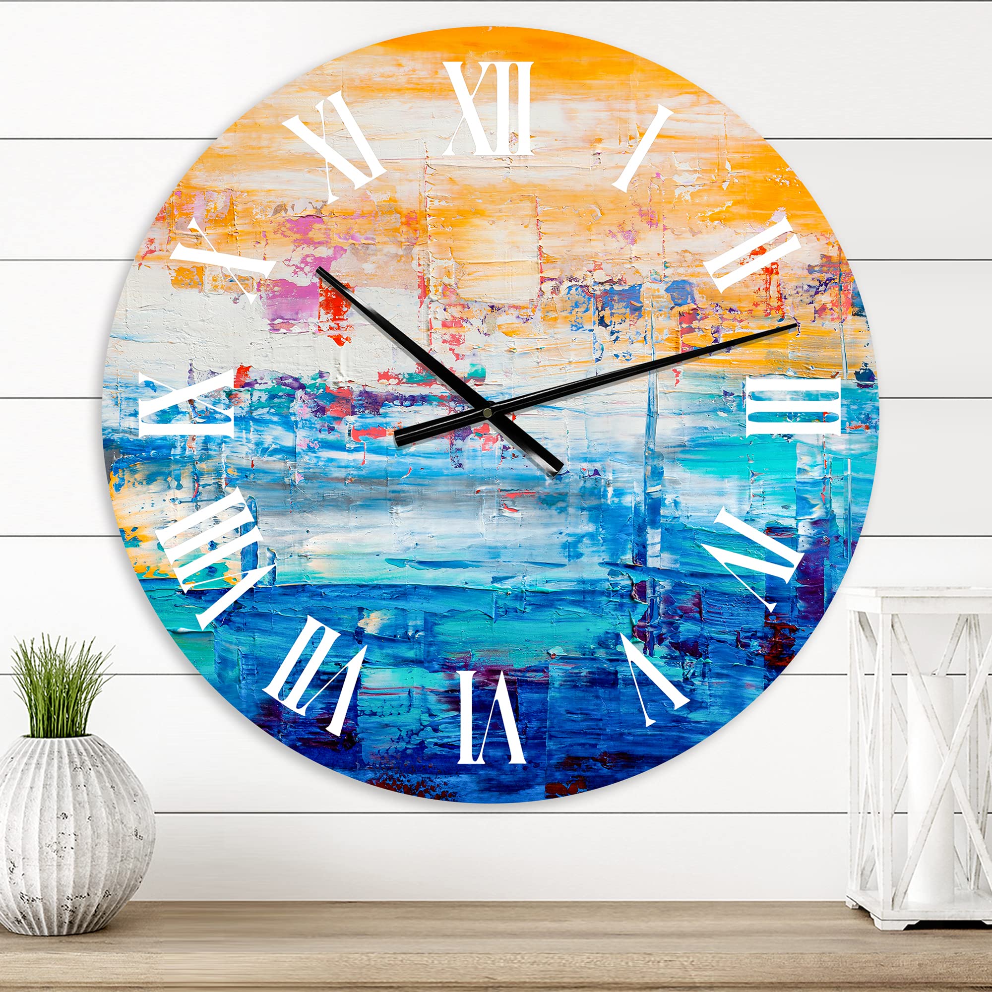DesignQ Modern Abstract Wall Clock - Orange & Blue Large Wall Art for Kitchen, Living Room, Office Decor | Perfect for Home, Dorm & Gift Giving