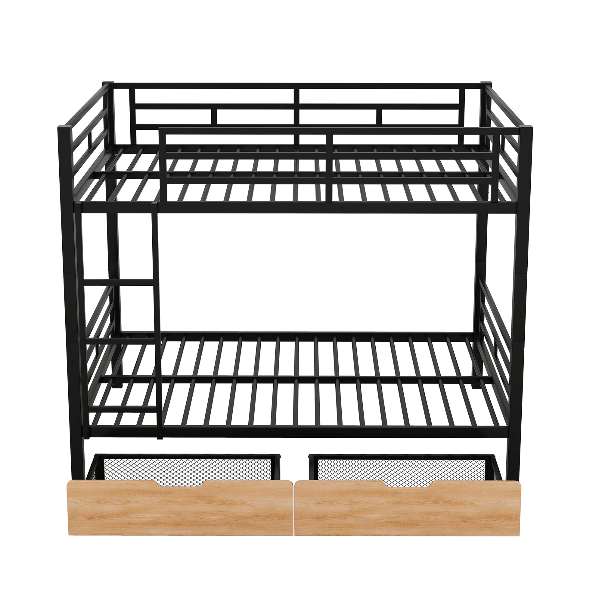 Full Over Full Bunk Bed with 2 Storage Drawers - Heavy Duty Metal Bunk Bed Frame with Safety Guard Rails & Ladder for Kids, Teens & Adults - Convertible to 2 Separate Beds - Space-Saving Black Bunk Bed for Small Rooms, Dorms & Guest Bedrooms