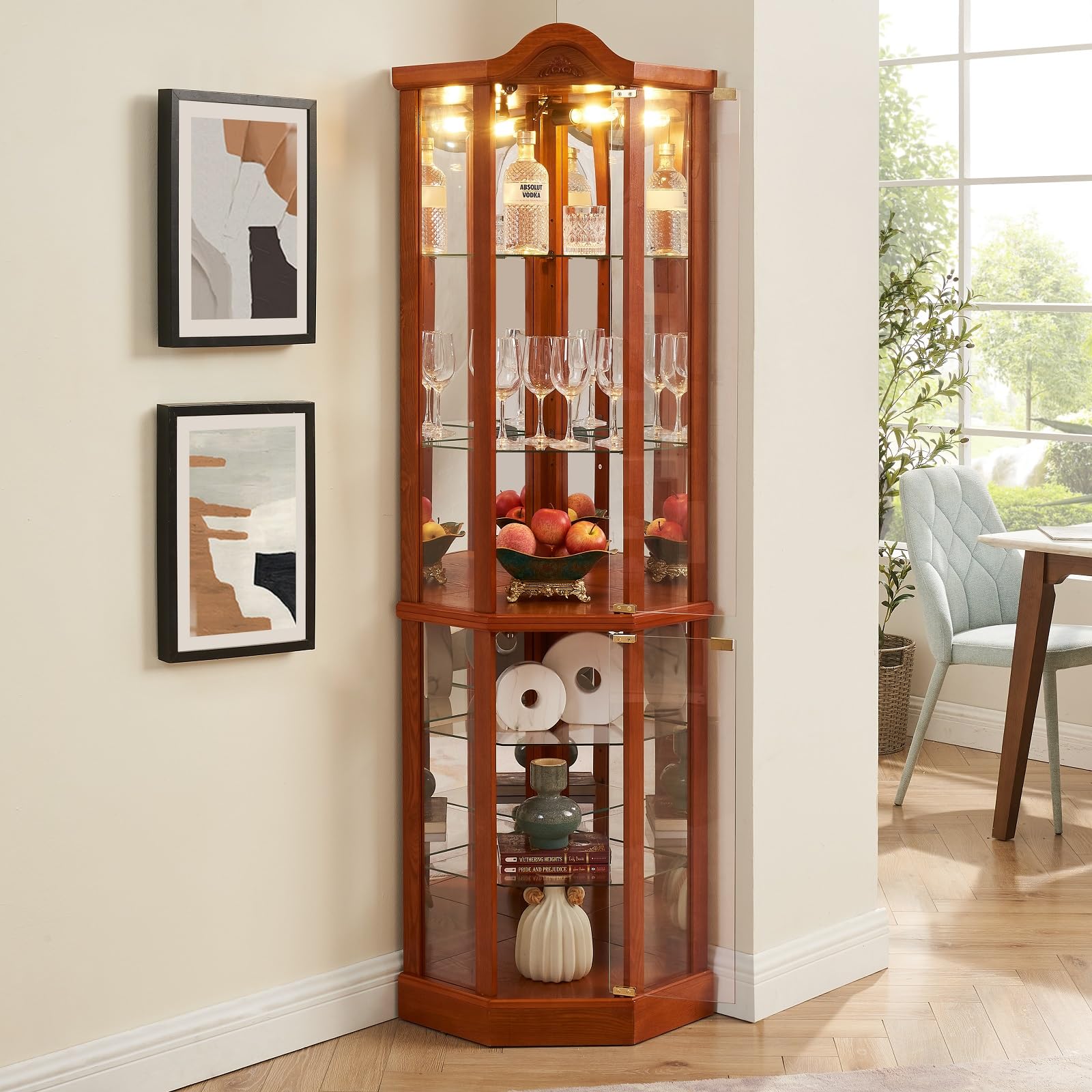 Oak Curio Cabinet with Glass Doors & LED Lights - 3-Side Glass Display Cabinet with 6 Adjustable Shelves - Perfect for Living Room, Dining Room, or Office Corner Display (Antiques, Collectibles & Home Decor)