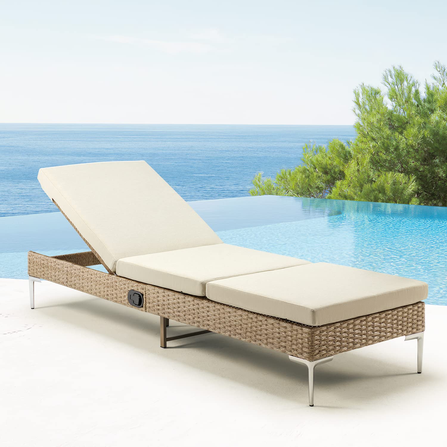 HOMREST Outdoor Chaise Lounge Chair - Adjustable Wicker Patio Lounge Chair with Removable Cushion & Pneumatic Backrest, Rattan Sunbathing Pool Chair for Garden, Backyard, Beach (Khaki) | Perfect for Relaxing, Sunbathing & Outdoor Lounging