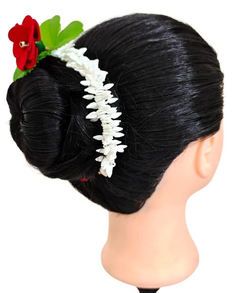 Neaama Hair and Beyond White Mogra Buds with Red Flower Green Leaves Hair Clips for Women & Girls - Pack of 1 | Perfect for Weddings, Parties & Daily Hair Styling