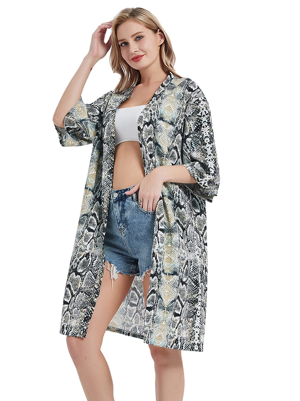 Anna-Kaci Women's Floral Print Short Sleeve Cardigan - Lightweight Long Open Front Kimono Cover Up - Perfect for Beach, Vacation & Casual Outfits