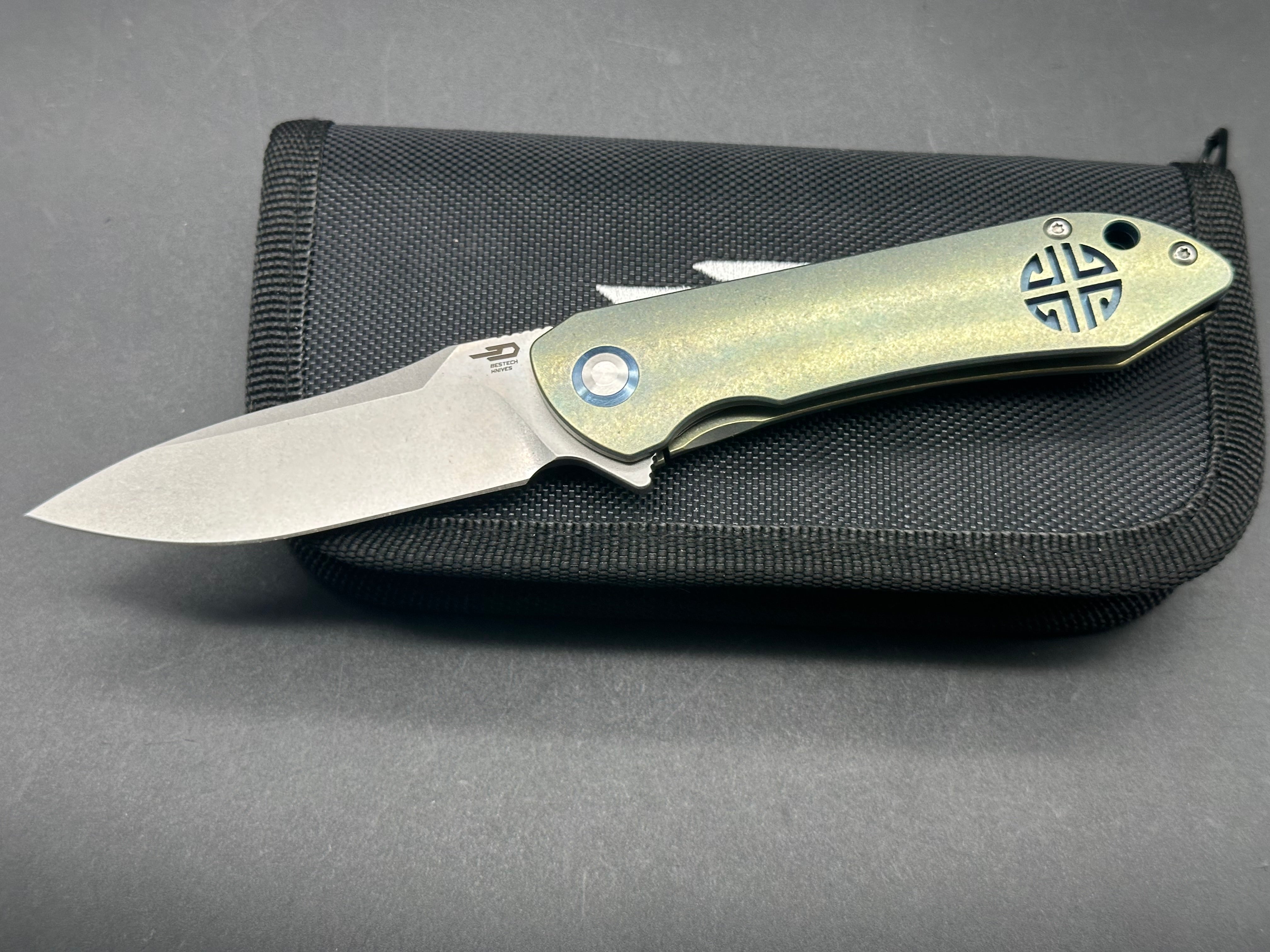 Bestech Emperor Folding Knife - CPM S35VN Steel Blade, Green Titanium Handles with Blue Accents - EDC, Outdoor Camping, Survival Gear