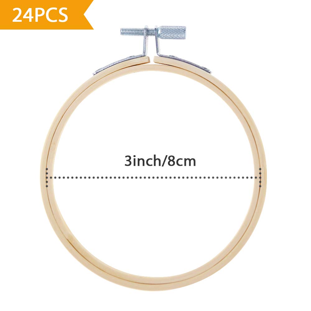 Caydo 24-Piece 3-Inch Bamboo Embroidery Hoops for Cross Stitch & Sewing - Bulk Wholesale Craft Supplies for DIY Projects, Fabric Art & Home Decor