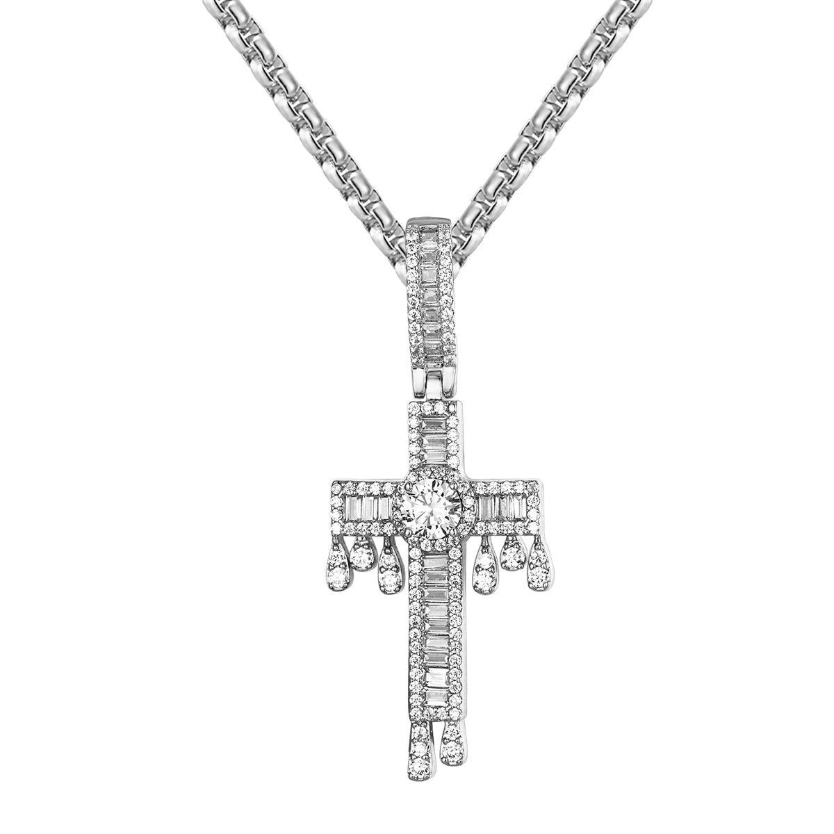Icy Solitaire Dripping Jesus Cross Micro Pave Religious Pendant Necklace - Elegant Christian Jewelry Gift for Women, Perfect for Church, Baptism & Special Occasions