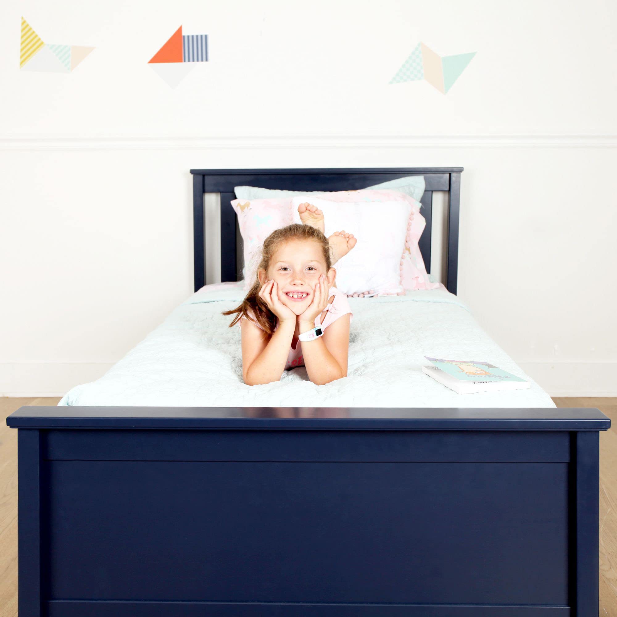 Max & Lily Twin Bed Frame with Slatted Headboard - Solid Wood Platform Bed for Kids & Teens, No Box Spring Needed, Easy Assembly, Blue - Perfect for Bedrooms, Guest Rooms & Dormitories