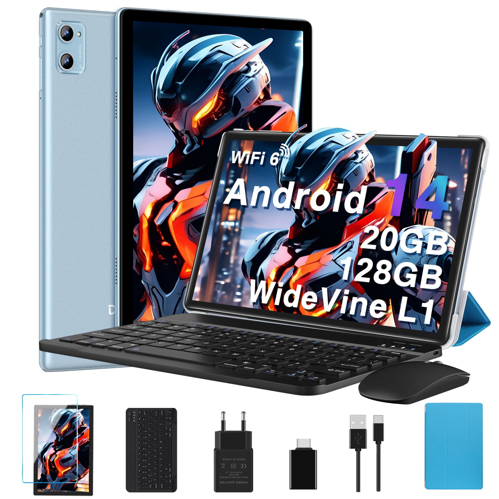 DEERTiME 2024 Android 14 Tablet - 20GB RAM 128GB ROM (Expandable to 1TB), 5G WiFi, Octa-Core 1.8GHz, Bluetooth 5.0, 8MP+5MP Camera, GMS Certified, Widevine L1, GPS - with Keyboard (Blue) | Perfect for Work, Study, Streaming & Gaming