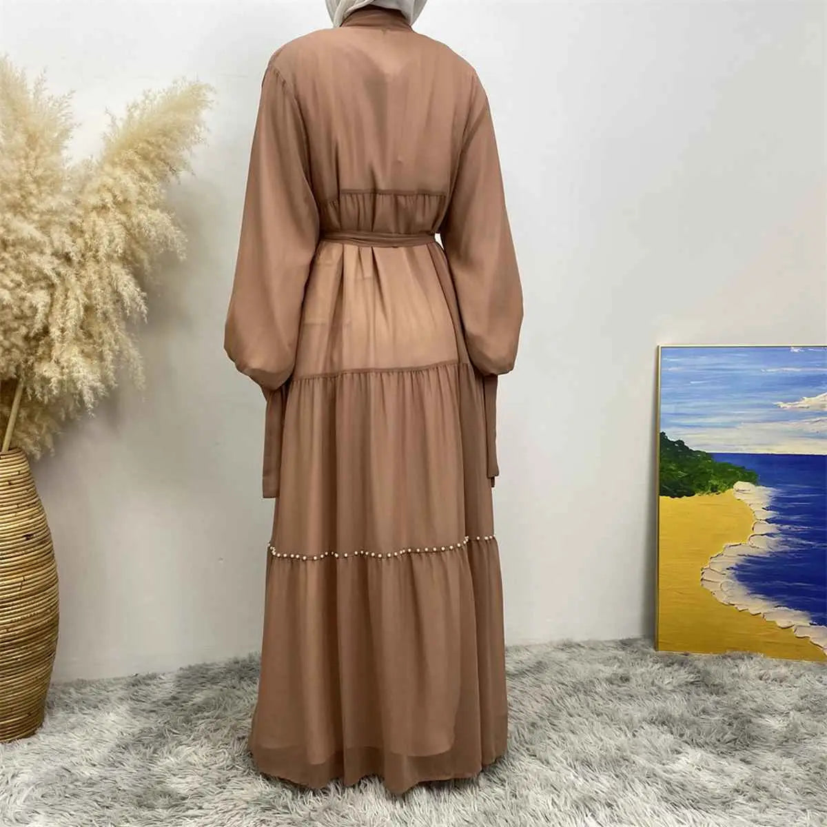 Elegant Muslim Women's Chiffon Beaded Open Abaya Dress - Modest Islamic Prayer Dress for Mosque, Eid & Special Occasions