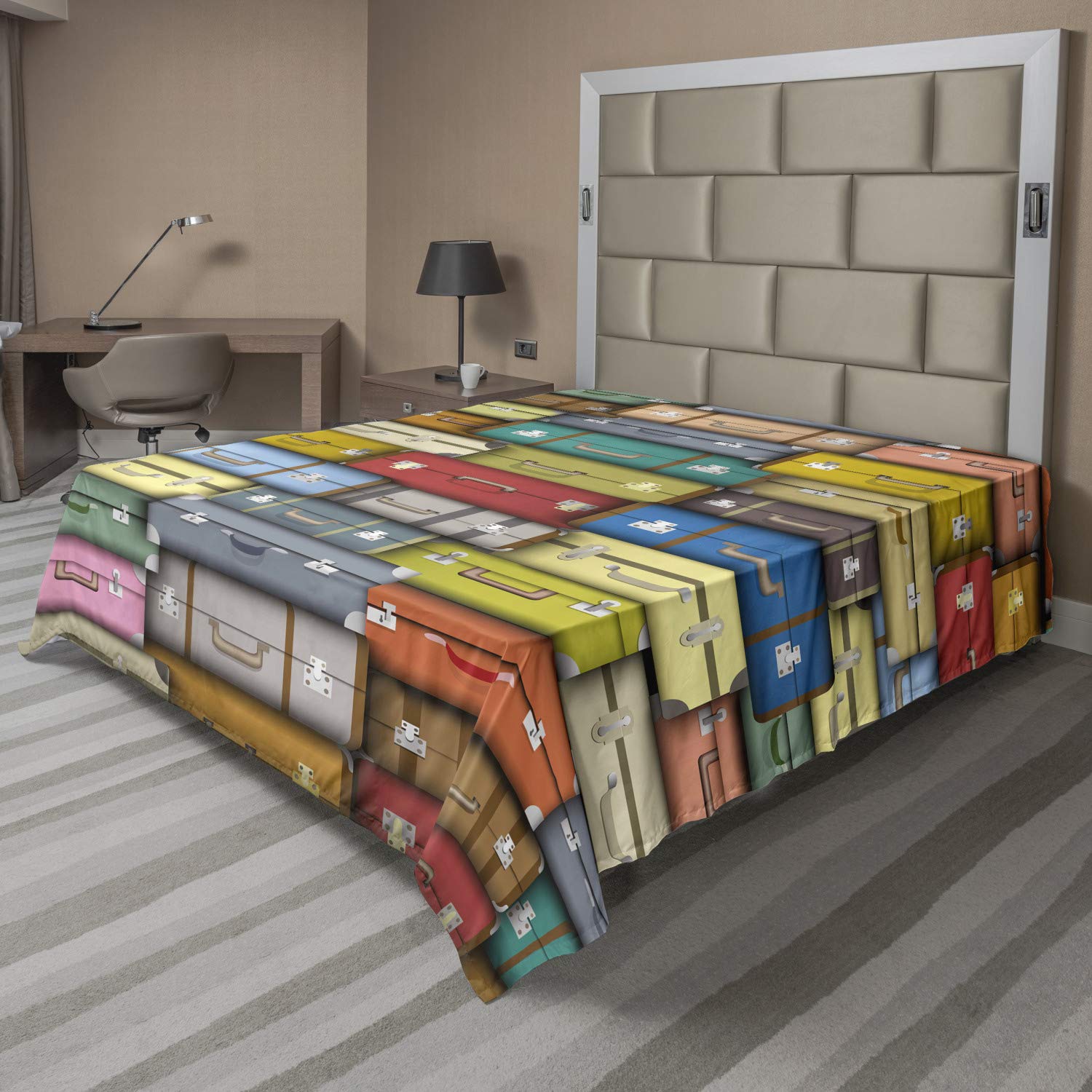 Ambesonne Vintage Travel Themed Queen Size Flat Sheet - Colorful Suitcases Design, Soft & Comfortable Decorative Bedding for Home, Hotel, or Gift (1 Piece, Multicolor) | Perfect for Guest Rooms, Vacation Rentals & Travel Enthusiasts