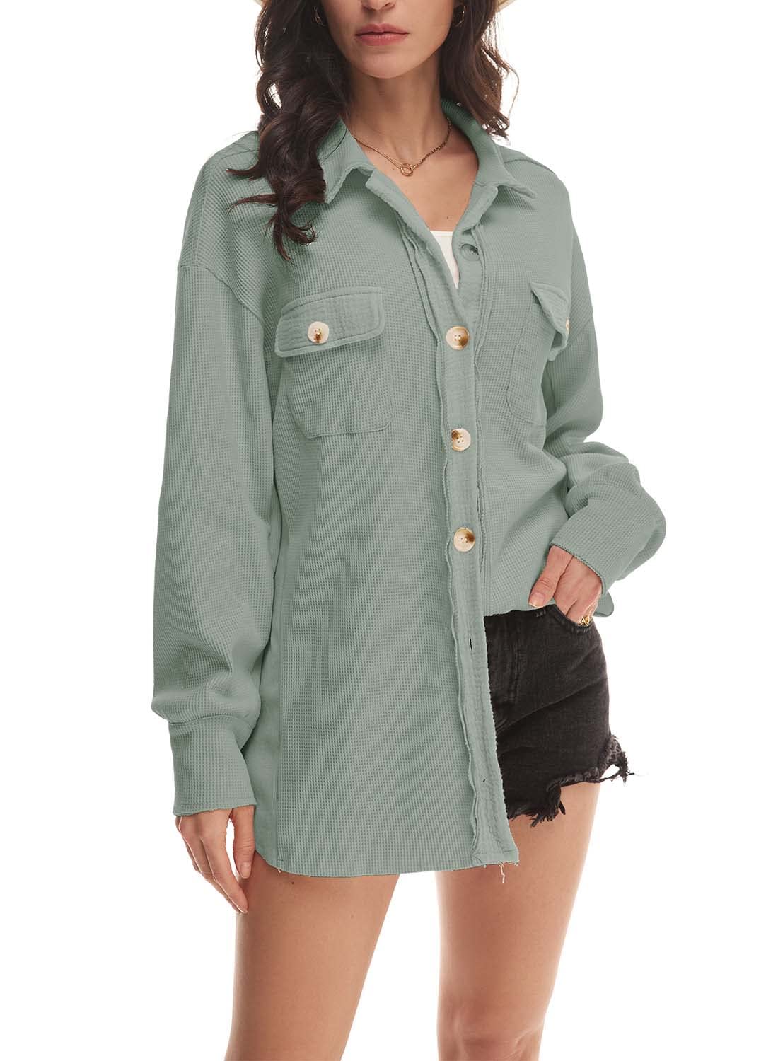 Nirovien Women's Waffle Knit Oversized Shacket - Lightweight Button Down Shirt Jacket for Spring & Fall | Casual Outerwear, Layering Piece, Workwear, Weekend Outfits