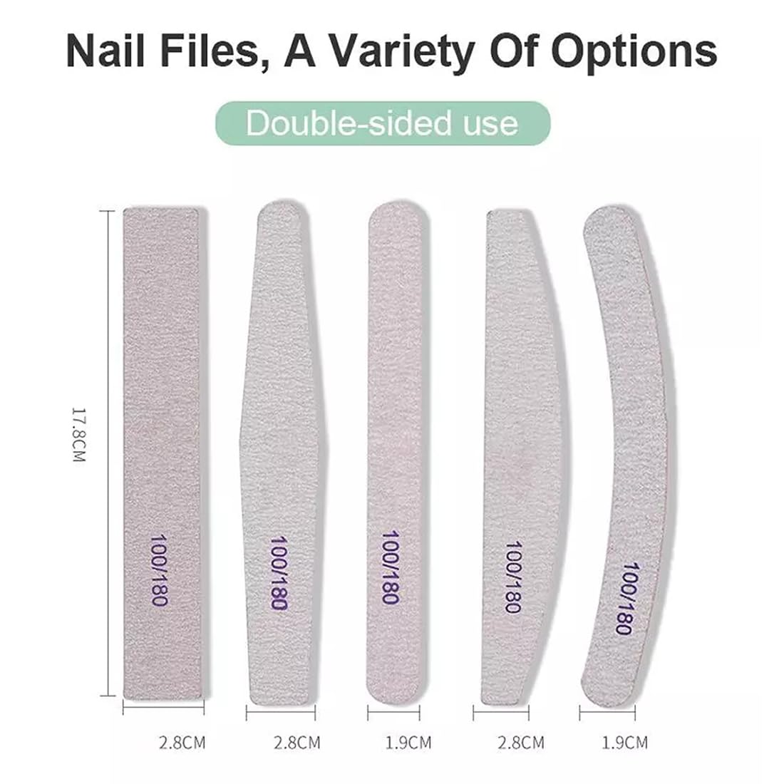Gleevia 10Pcs Professional Nail Files Set - 100/180 Grit for Natural & Acrylic Nails - 5 Shape Manicure & Pedicure Kit for Home & Salon Use